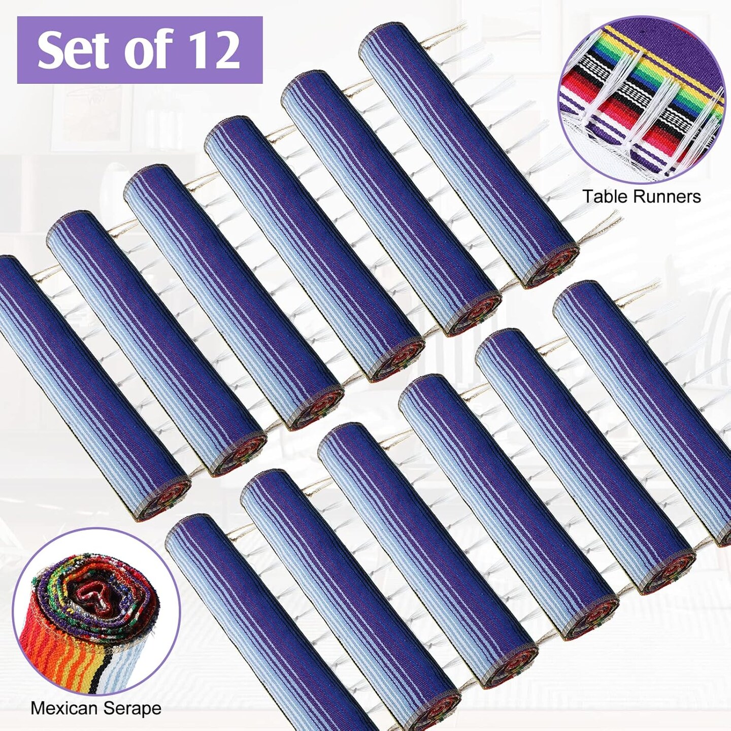 12 Pcs Mexican Table Runners 14 x 84 Inch Mexican Serape Table Runner Decor Blanket Fringe Cotton Table Runner Decoration for Cinco De Mayo Party Wedding(Classic Style)