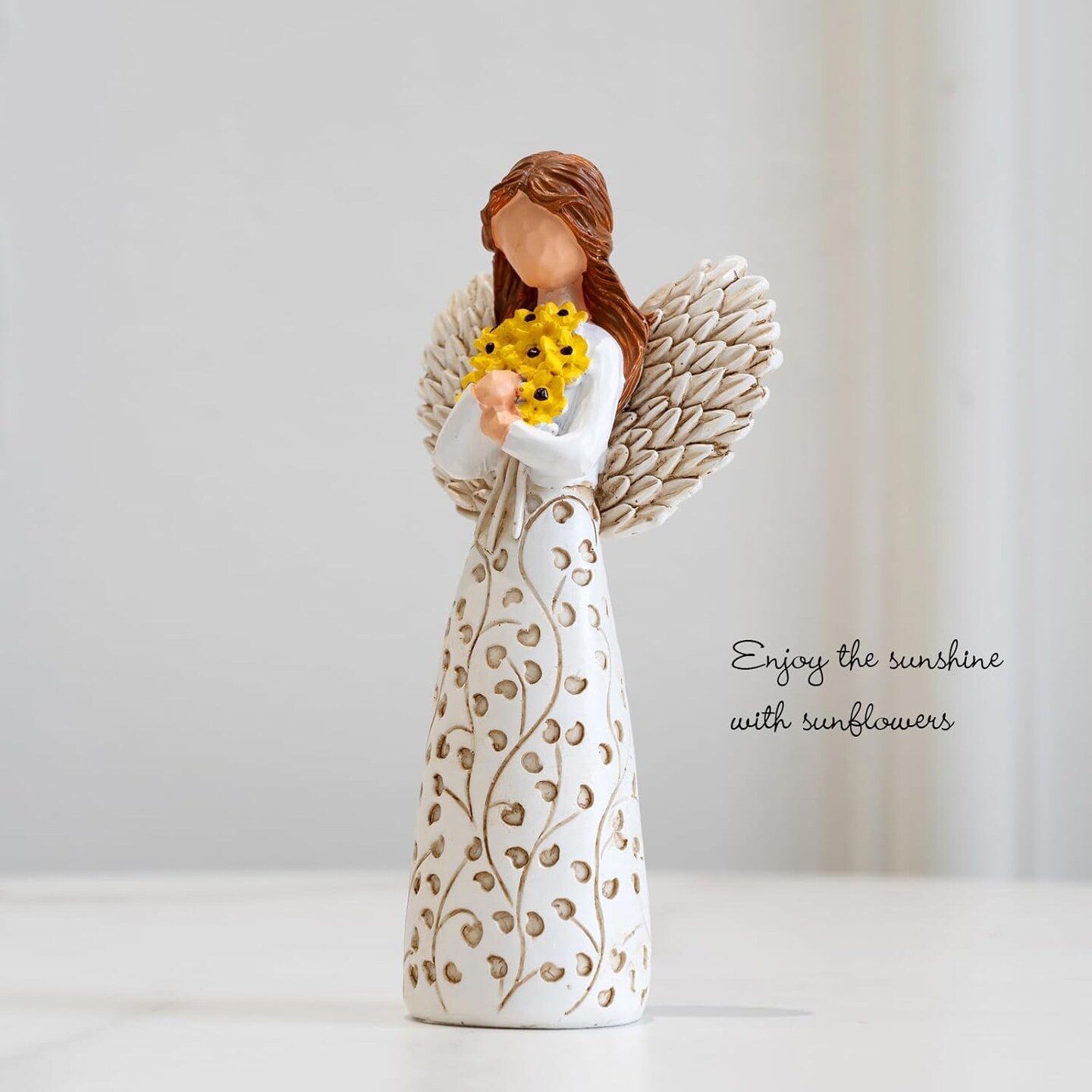 Hand-Painted Angel Figurine – Sunflower & Tree of Life, 5.9" Collectible Gift