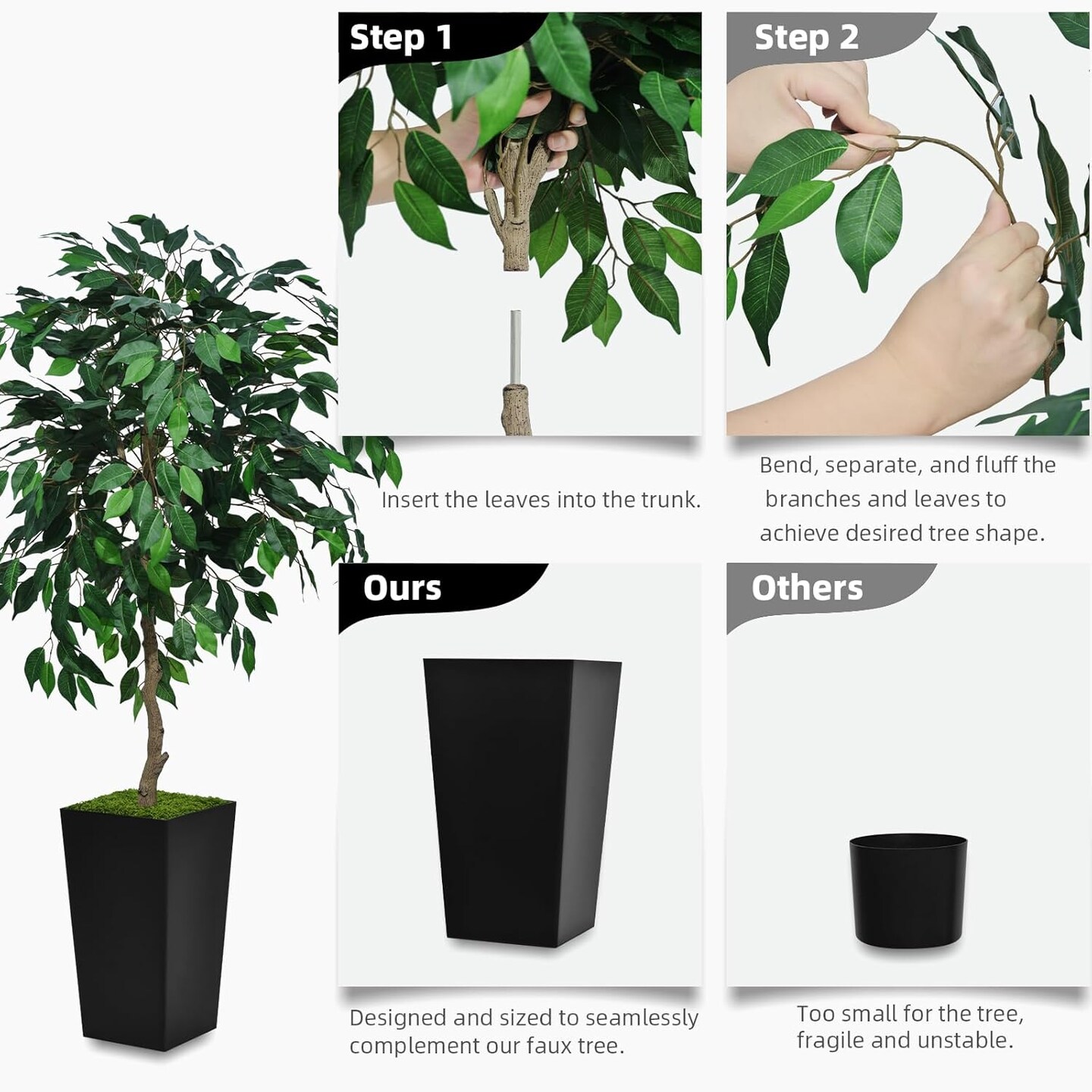 Artificial Ficus Tree 5FT - Faux Indoor Tree with Black Tall Planter - Fake Ficus Floor Plant in Pot - Artificial Silk Tree for Home Office Living Room Decor Indoor