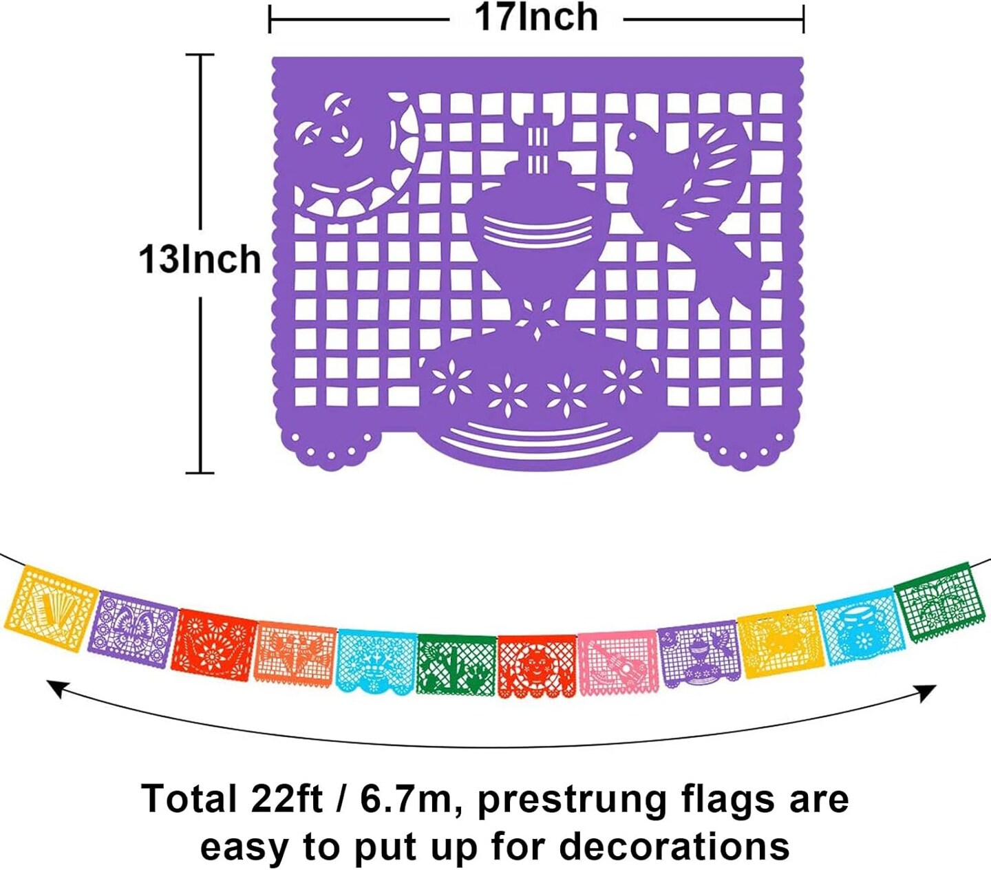 6 Packs Mexican Banners 132 Ft(22ft x 6) Papel Picado Banner, Large Plastic Mexican Fiesta Banners Cinco de Mayo Party Fiesta Decorations Mexican Themed Birthday Party Supplies 12 Patterns with String