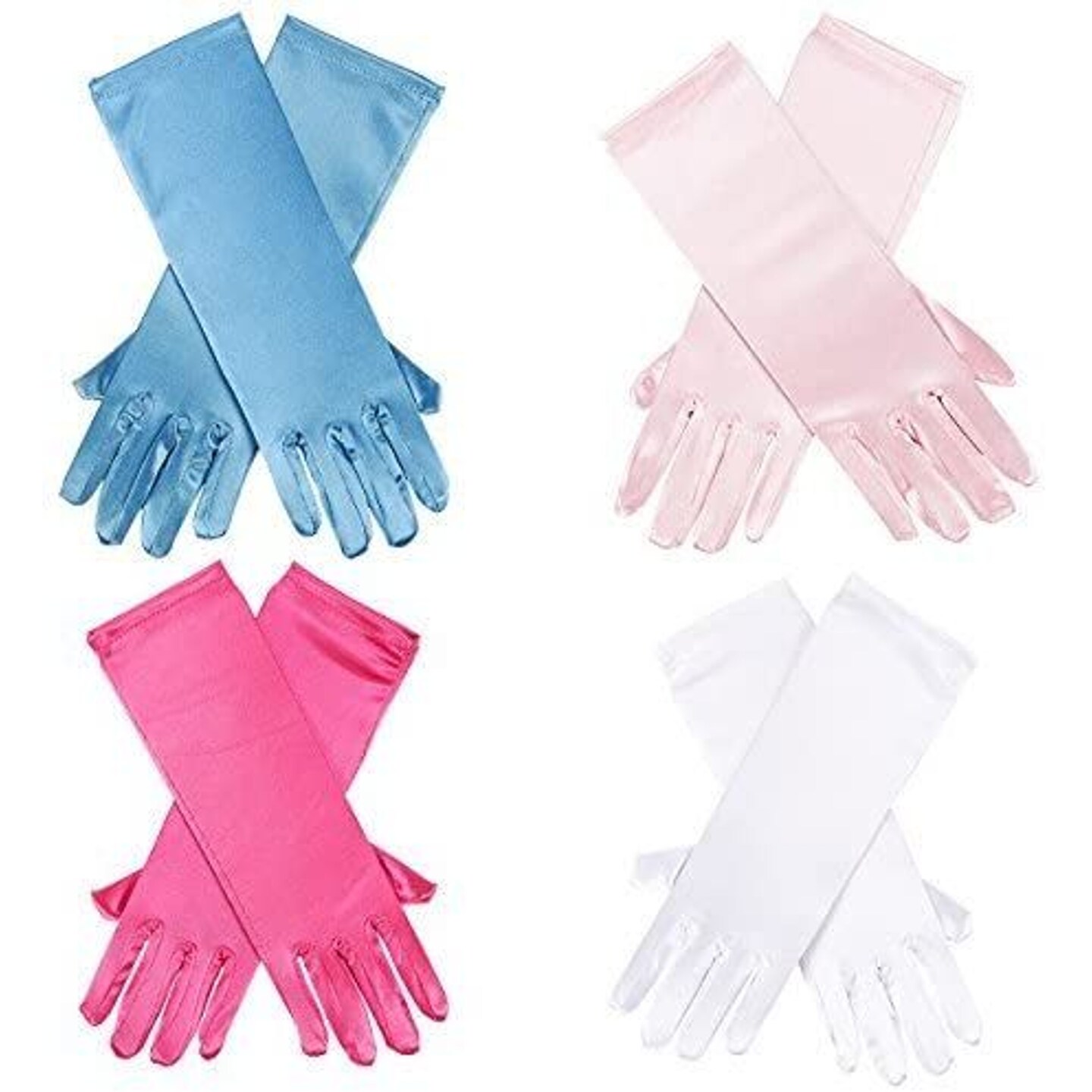 BLUE PANDA 4 Pairs Satin Princess Gloves for Girls Ages 3+, Toddler Costume Gloves in Pink, Hot Pink, White, and Blue Ideal for Weddings, Birthday Parties, Special Events, and Playtime (9.75 In)