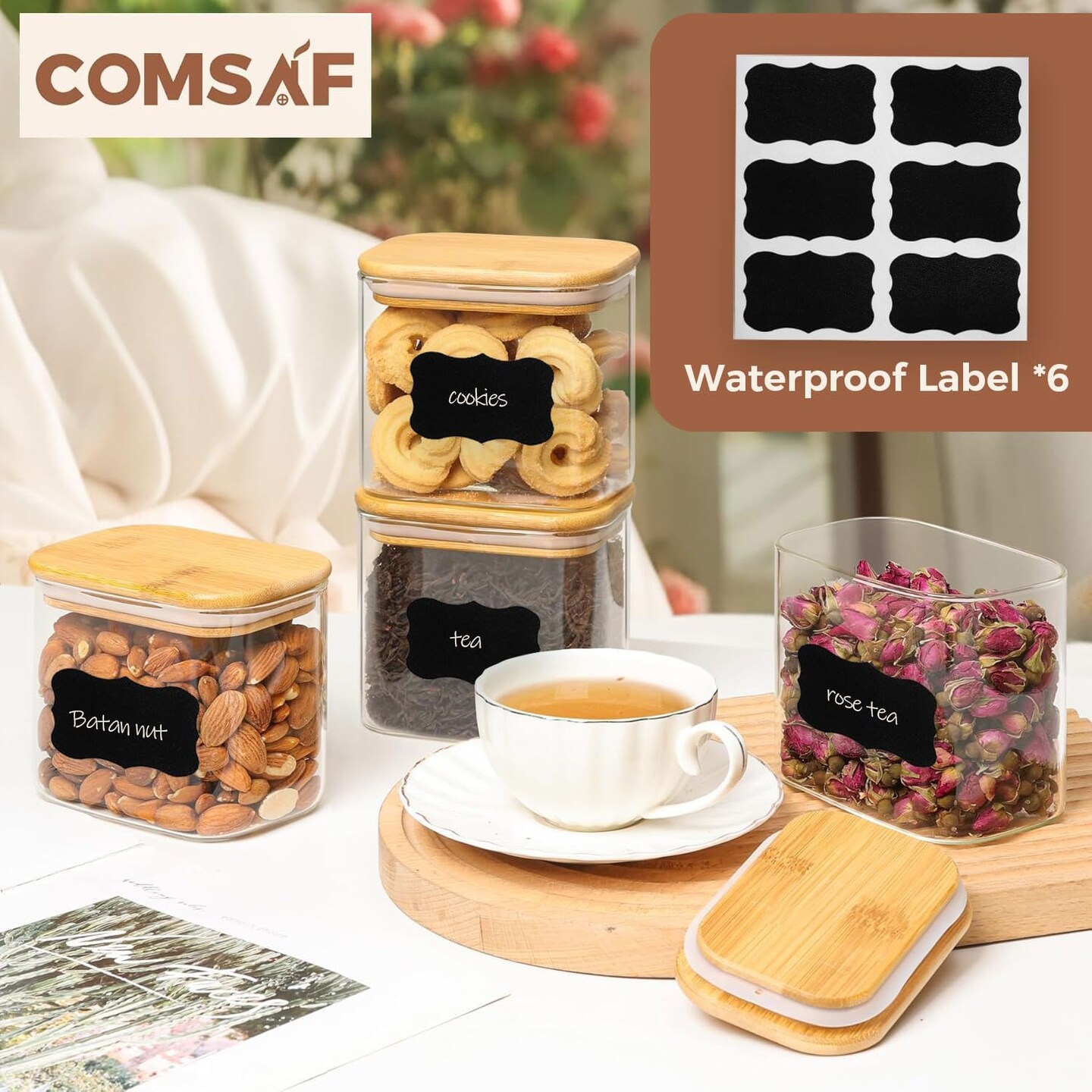 26oz Rectangle Glass Storage Containers with Lids, Glass Jars with Bamboo Lids, Clear Food Jar, Sugar Coffee Containers, Small Pantry Storage Container for Tea Candy Nuts Spices Oat