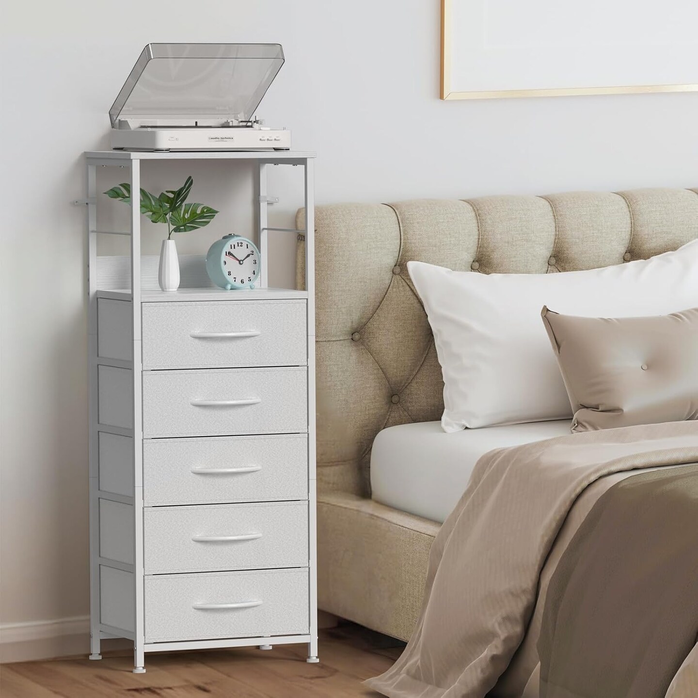 5-Drawer White Fabric Dresser &#x2013; Sturdy Metal Frame &#x26; MDF Top, Tall Clothes Organizer with Adjustable Feet, Space-Saving Storage for Bedroom, Nursery, Entryway