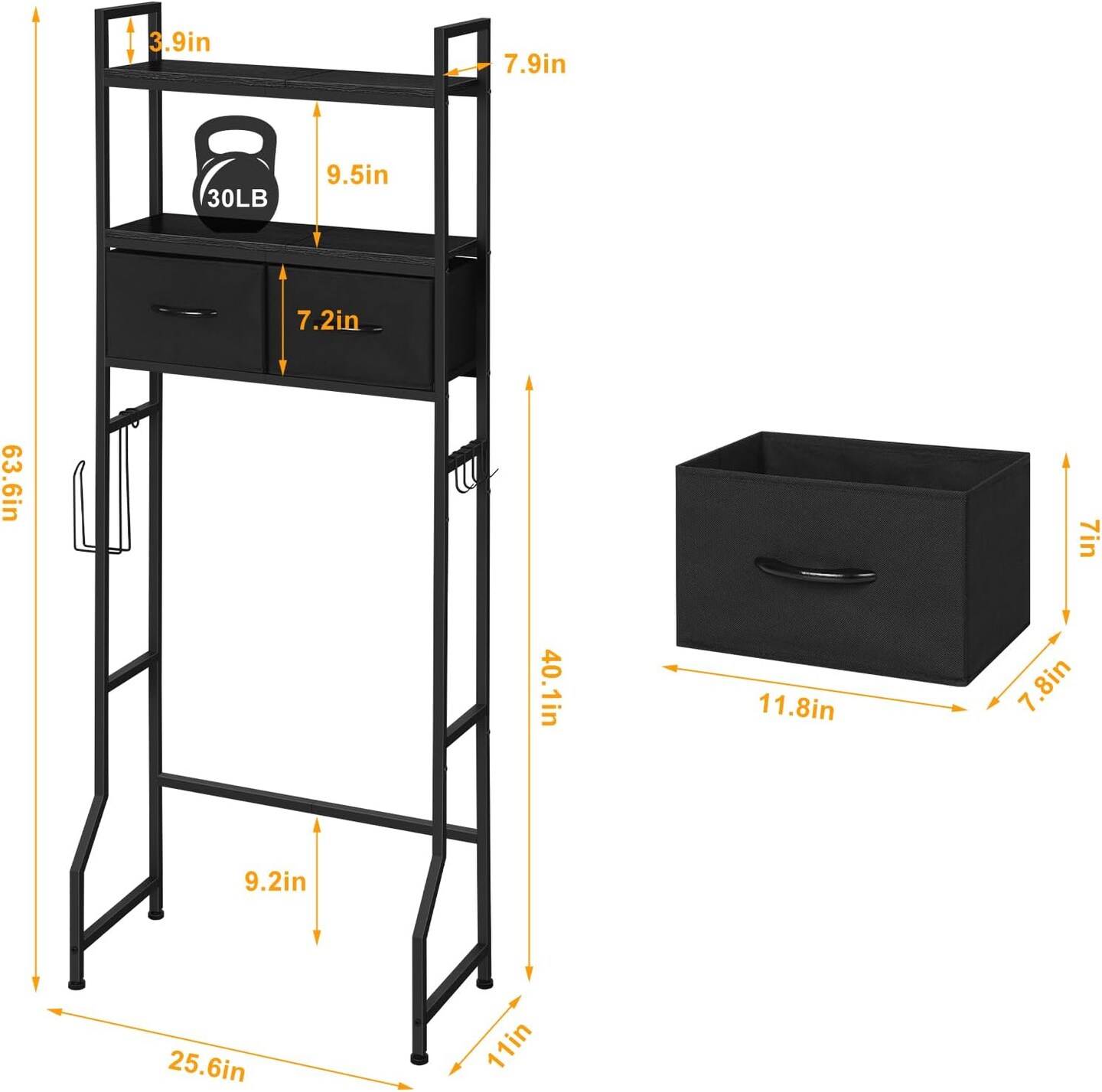 3-Tier Over-The-Toilet Storage Cabinet with Fabric Drawers &#x2013; Freestanding Bathroom Organizer, Black Space-Saving Shelf for Bathroom &#x26; Laundry Room