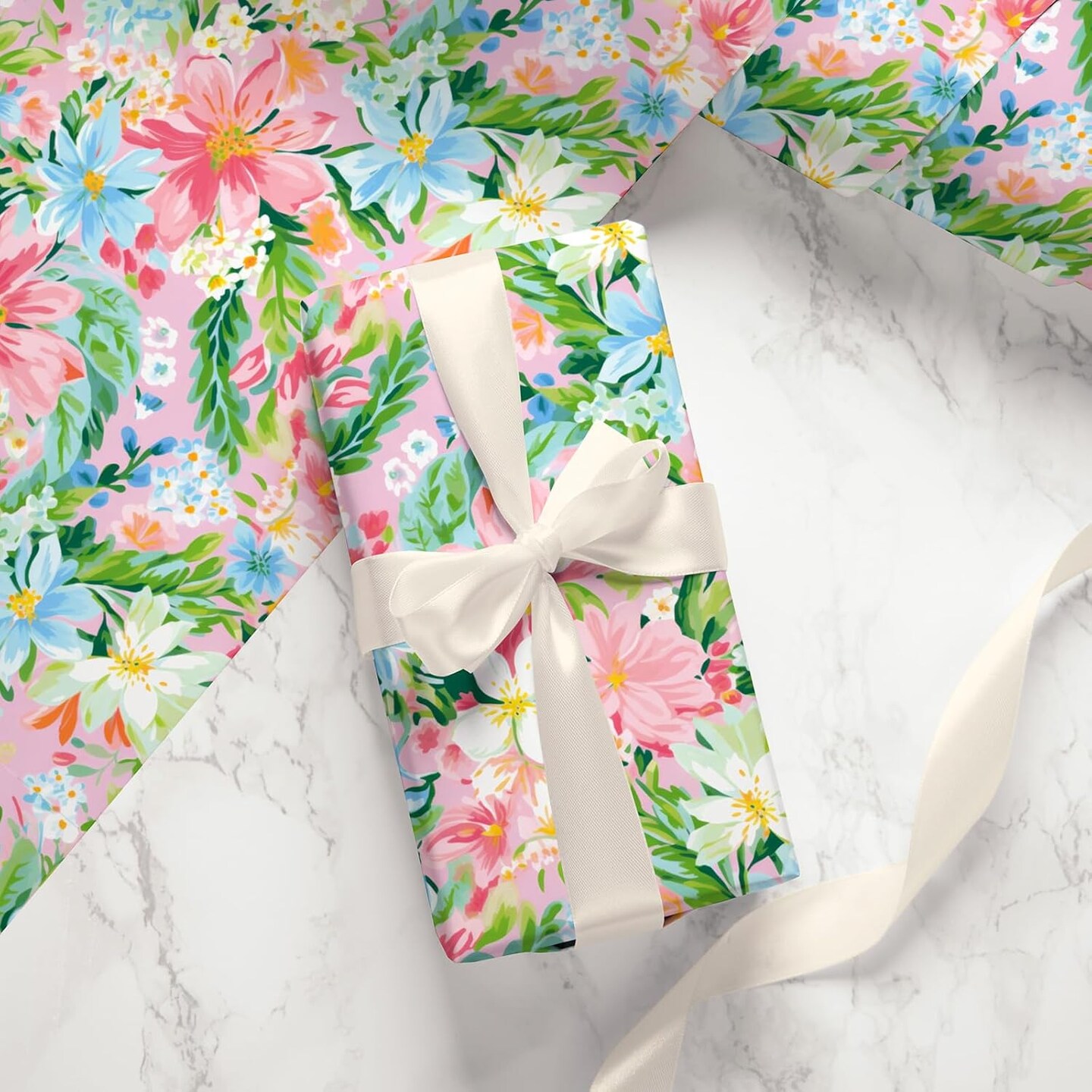 Spring Floral Wrapping Paper – Mini Roll 17" x 32.8 Ft | Watercolor Pink & Blue Flowers for Wedding, Birthday, Baby Shower & DIY Crafts (Pink)