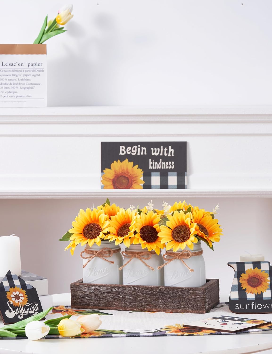 Mason Jar Sunflower Kitchen Decor, Spring Centerpieces for Tables