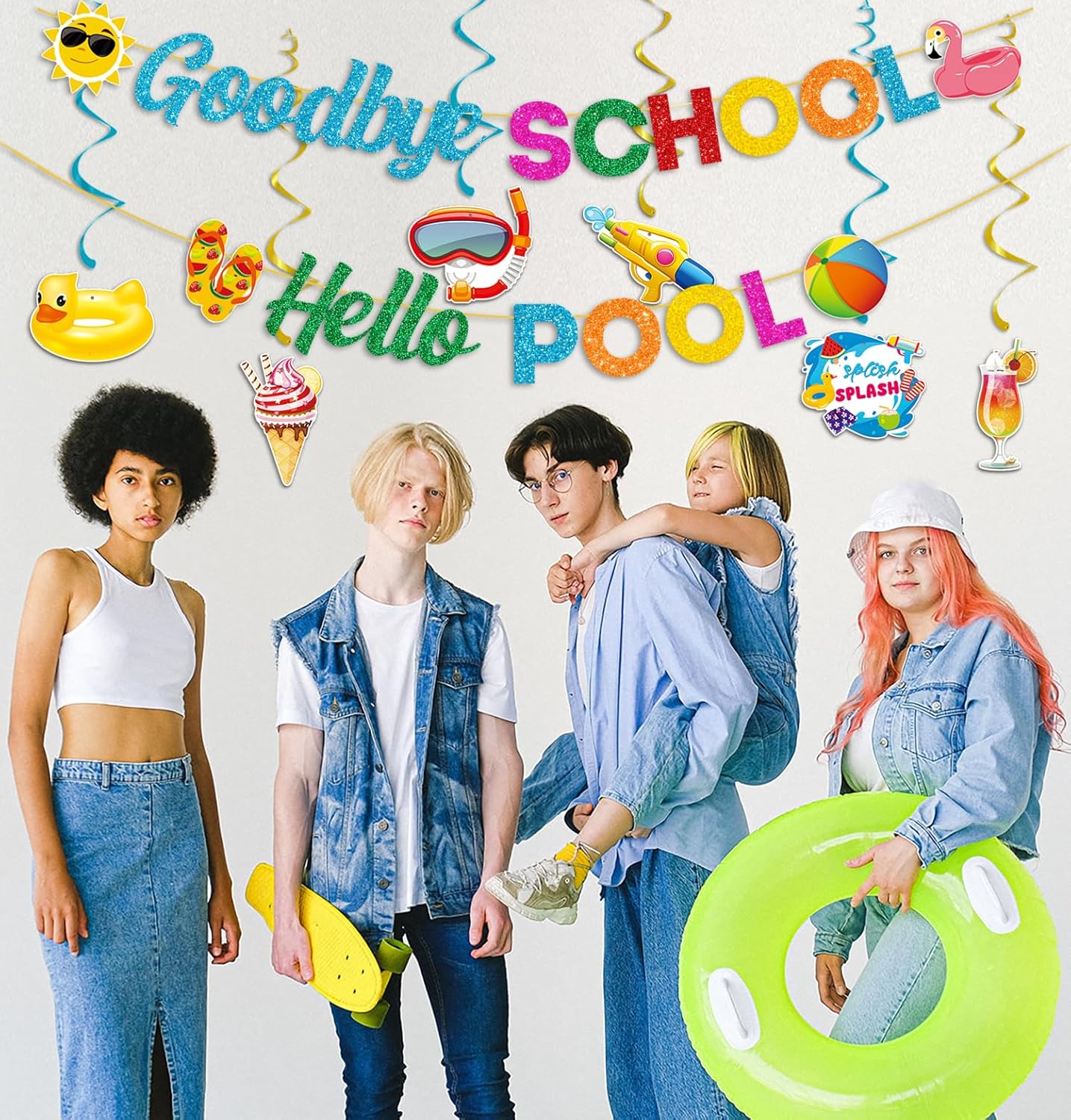 Glittery Goodbye School Hello Pool Banner with Colorful Sunglasses Slippers Flamingo beach ball Signs End of School Year Summer Vacation Banner Garland Beach Pool Splash Bash Summer Party