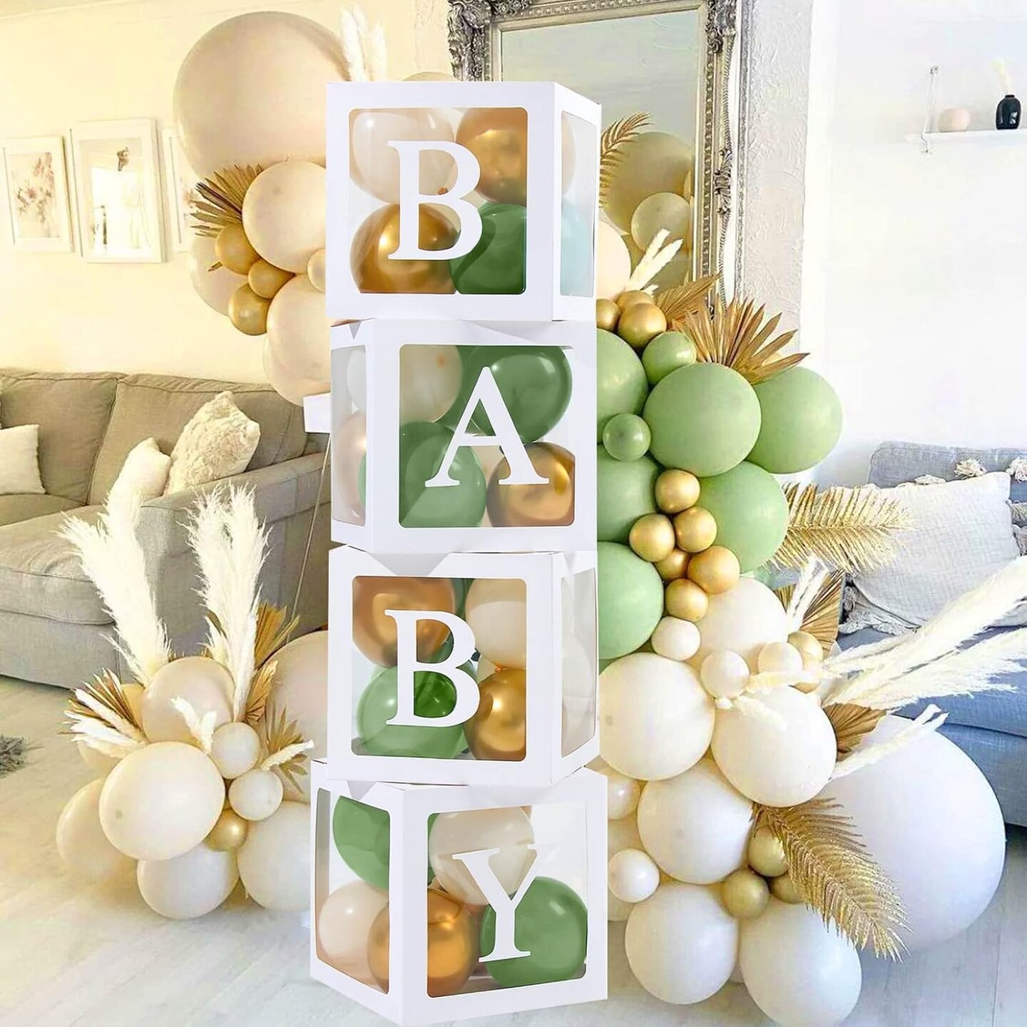 Baby Shower Decorations Boy Girl - 4Pcs Transparent Baby Balloon Boxes and 112Pcs Green White Gold Balloons Arch Kit for Sage Green Baby Shower Decorations