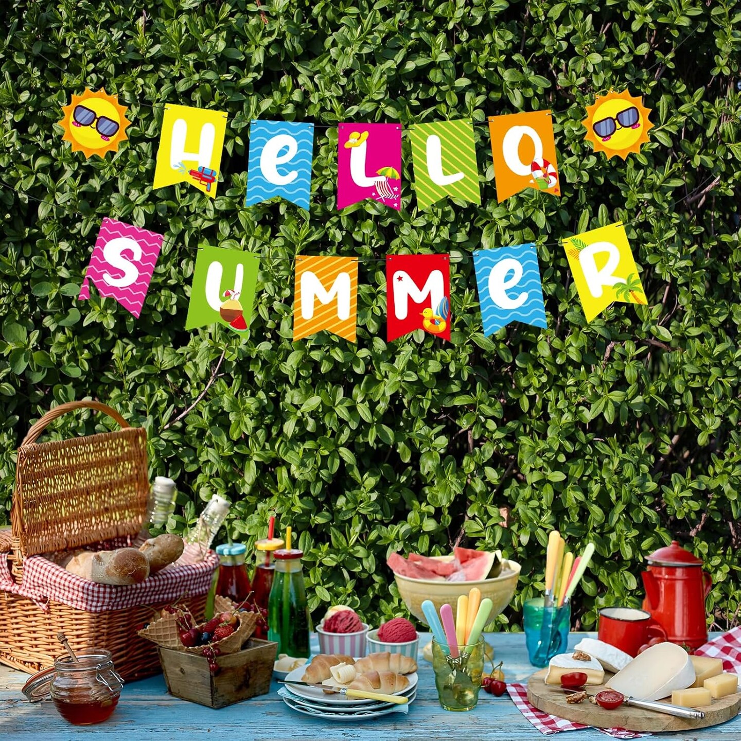 Hello Summer Banner - No DIY, Summer Banner for Summer Party Decorations, Hello Summer Sun Signs for Birthday Beach Pool Decorations, Tropical Party Decorations