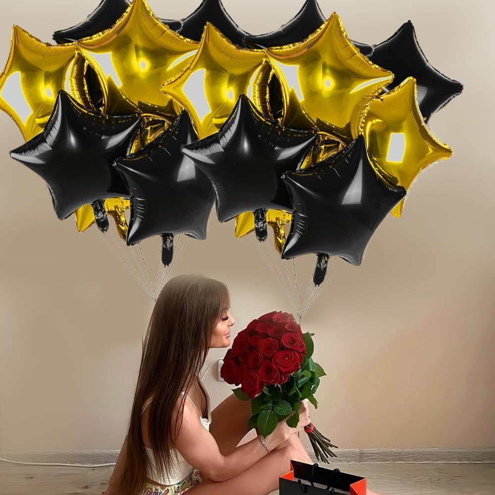 12 Pcs Black Gold Star Balloons, 18 Inch Star Shaped Foil Helium Balloons Mylar Balloons for Wedding Birthday Graduation season Party Decor