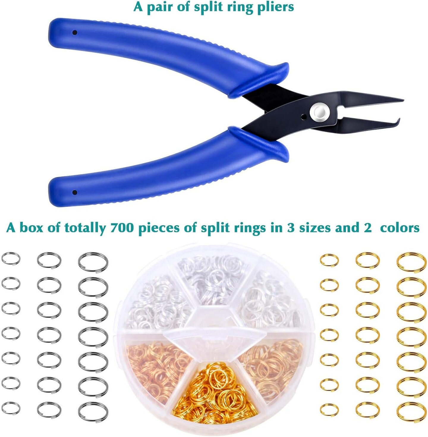 Split Rings for Jewelry Making, Caffox 700pcs Small Split Ring with Split Ring Pliers, Double Closed Jump Rings Craft Jump Loops Opener for Necklaces and Bracelets