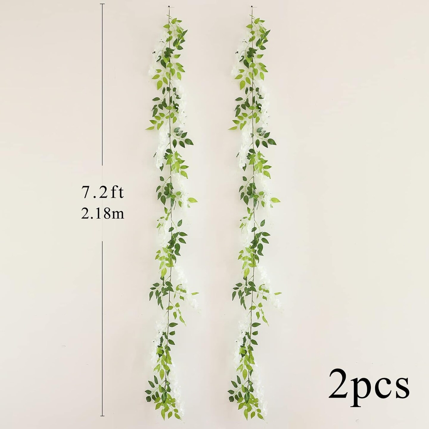 Wisteria Artificial Flowers Garland, 2Pcs 7.2Ft/Piece Silk Fake Wisteria Vine Kit, Hanging Flower for House Outdoor Garden Ceremony Outside Wedding Arch Floral Decor (2, White)