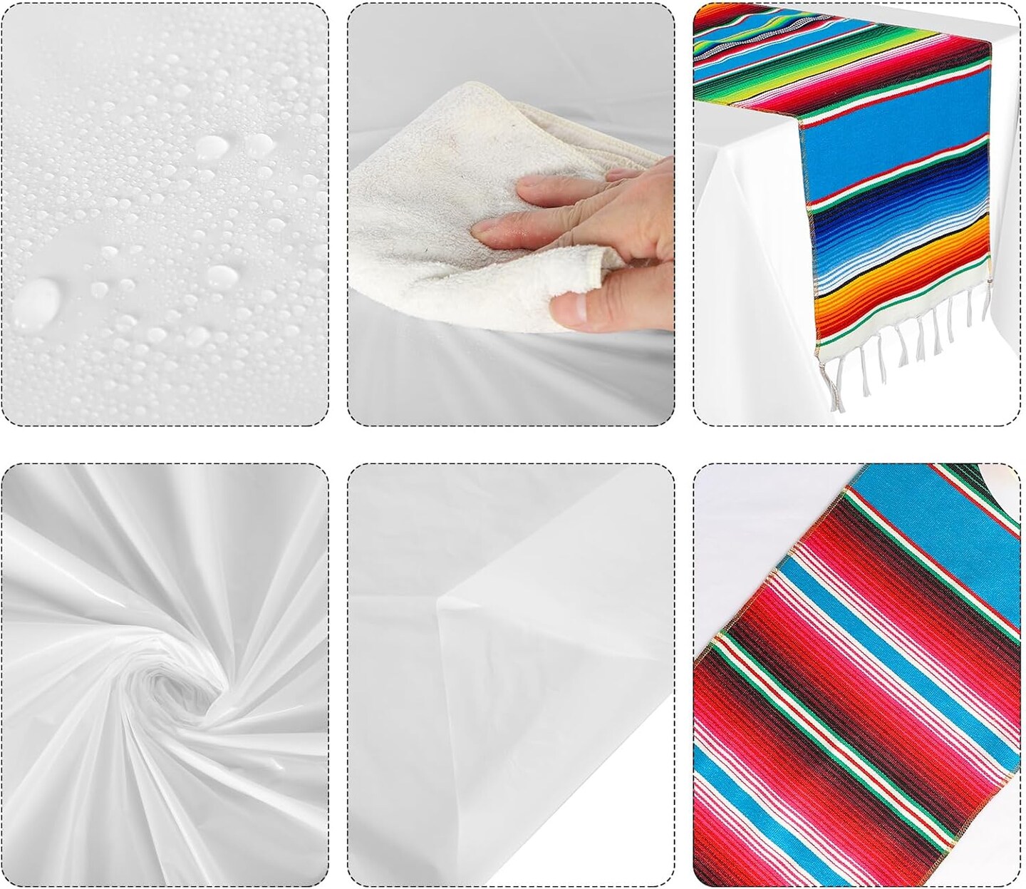 12-Pack Mexican Table Runner & Tablecloth Set 108x54in – Serape Runner & Disposable Tablecloth (White)