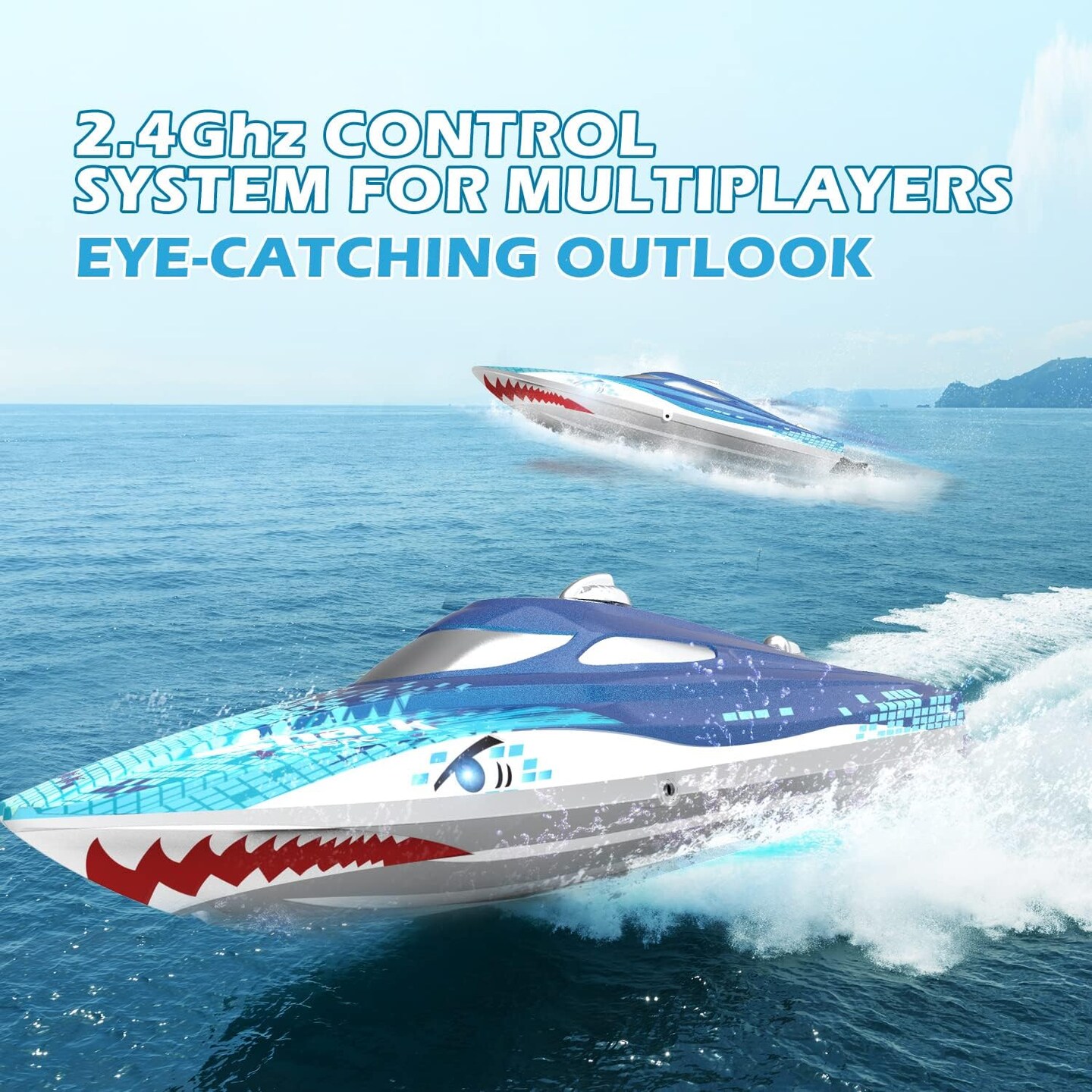 Summer Full Proportional Remote Control Boat with LED Lights, Shark Graffiti, 20+ MPH,2.4GHz High Speed RC Racing Boats for Lakes,Pool Toys for Kids &#x26; Adults