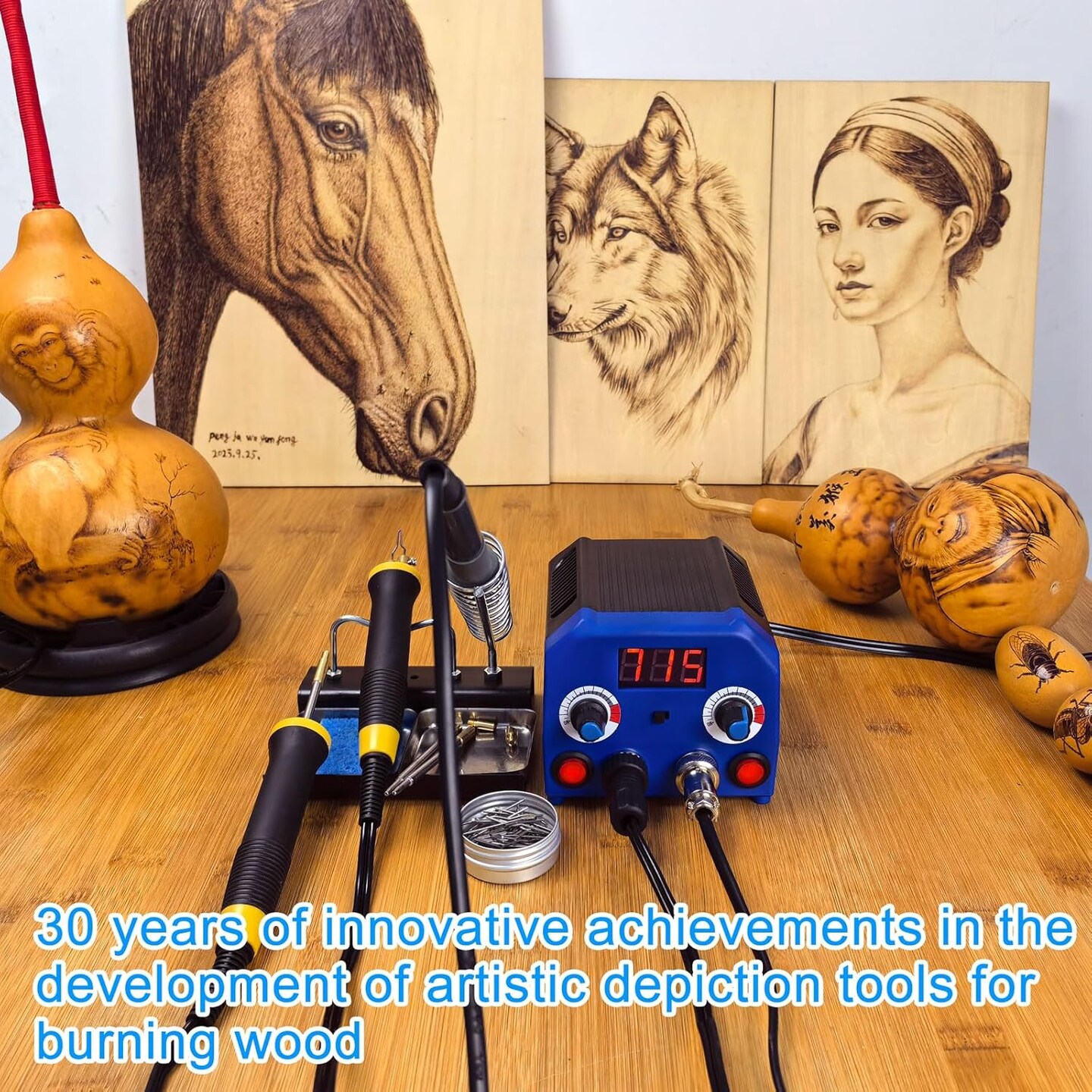 LH55-3-3 Wood Burner kit Wood Burning Tool Pen 200~750&#x2103;, Wood Burning kit with Digital Thermometer Temperature Adjustable Temperature 3 pyrographic Wood Burning pens 37 Wood Burning Pen Tips