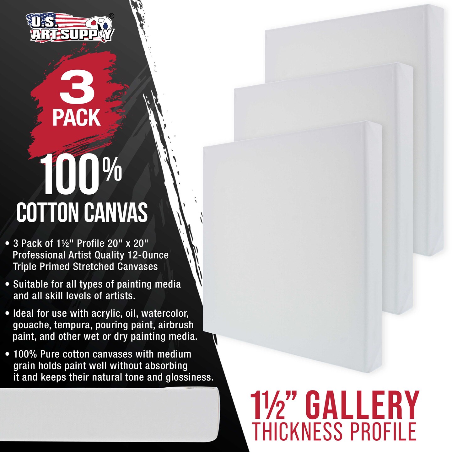Large Stretched Canvas for Painting 20x20 inch Gallery Depth 1-1/2&#x22; Thick, 3-Pack - 12oz Acrylic Gesso Triple Primed, Professional Artist Quality, 100% Cotton - Oil, Pouring Paint