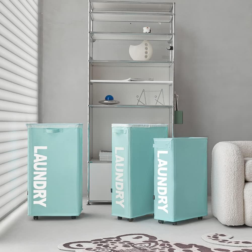 25" Rolling Slim Laundry Basket on Wheels, Foldable Laundry Hamper with Handle, Collapsible Laundry Sorter and Organizer, Tall Storage Basket Bin (Light Blue)