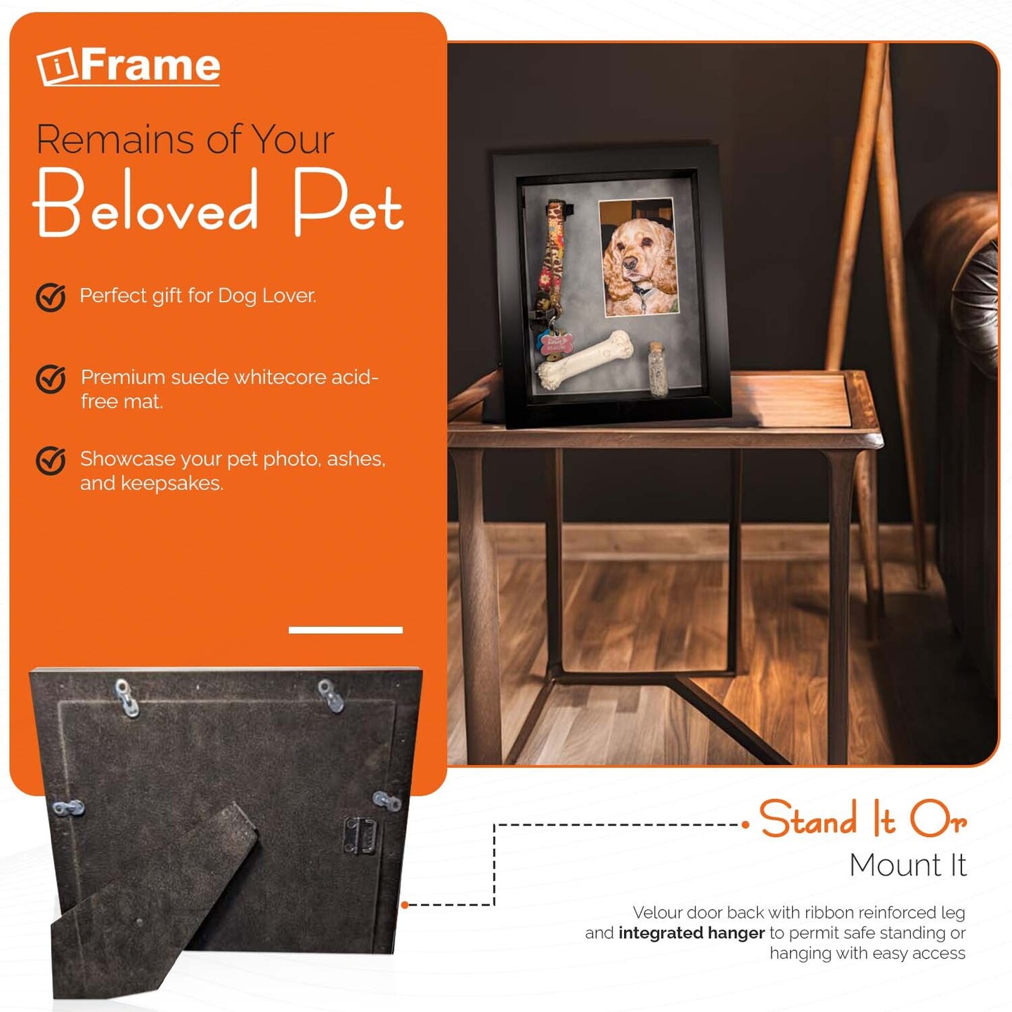iFrame Pet Memorial Shadow Box and Pets Picture Frame for 4&#x22;x6&#x22; Photo | Pets Memorial Gifts for Pets Lover | Pet Collar, Pet Ashes Keepsake, Toys &#x26; Gift for Someone Who Lost A Pet | Made in USA