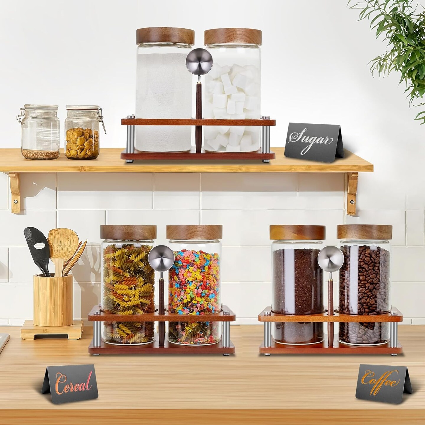 Glass Coffee Grounds Container with Shelf, 2 &#xD7; 45 oz Glass Coffee Canisters with Airtight Thread Lid, Glass Storage Jars with Stainless Steel Spoon for Coffee Bean, Sugar,Nut