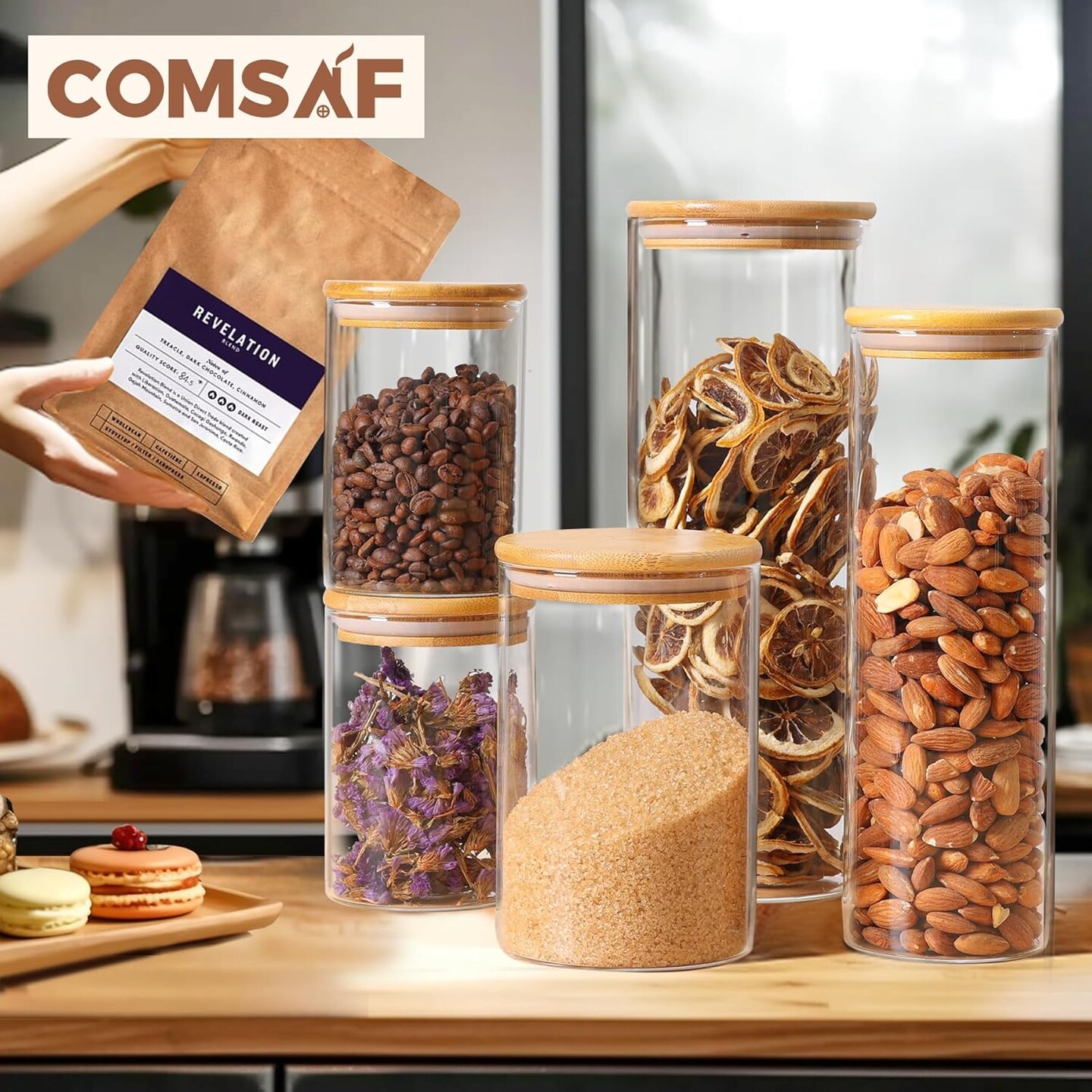 Glass Food Storage Jars Set of 6, Clear Glass Storage Containers with Lids, Canisters Sets for the kitchen, Spaghetti, Pasta, Flour, Nuts, Oat, Coffee and Sugar Container, Pantry Organization