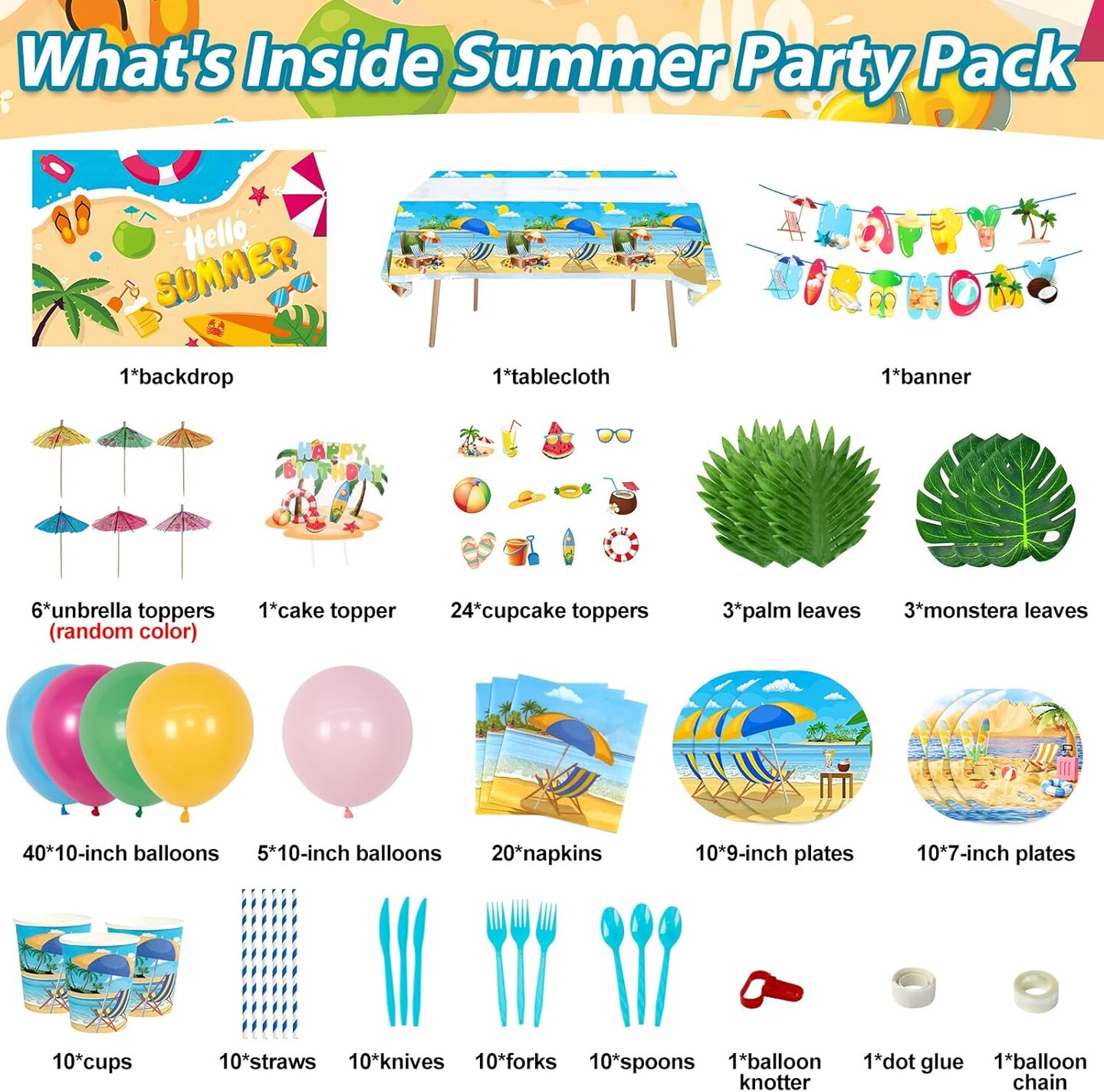 Summer Party Decorations, Pool Party Decorations Include Balloons, Summer Backdrop, Birthday Banner, Palm Leaves, Tablecloth, Plates, Cups, Cake Toppers for Beach Theme Party Supplies