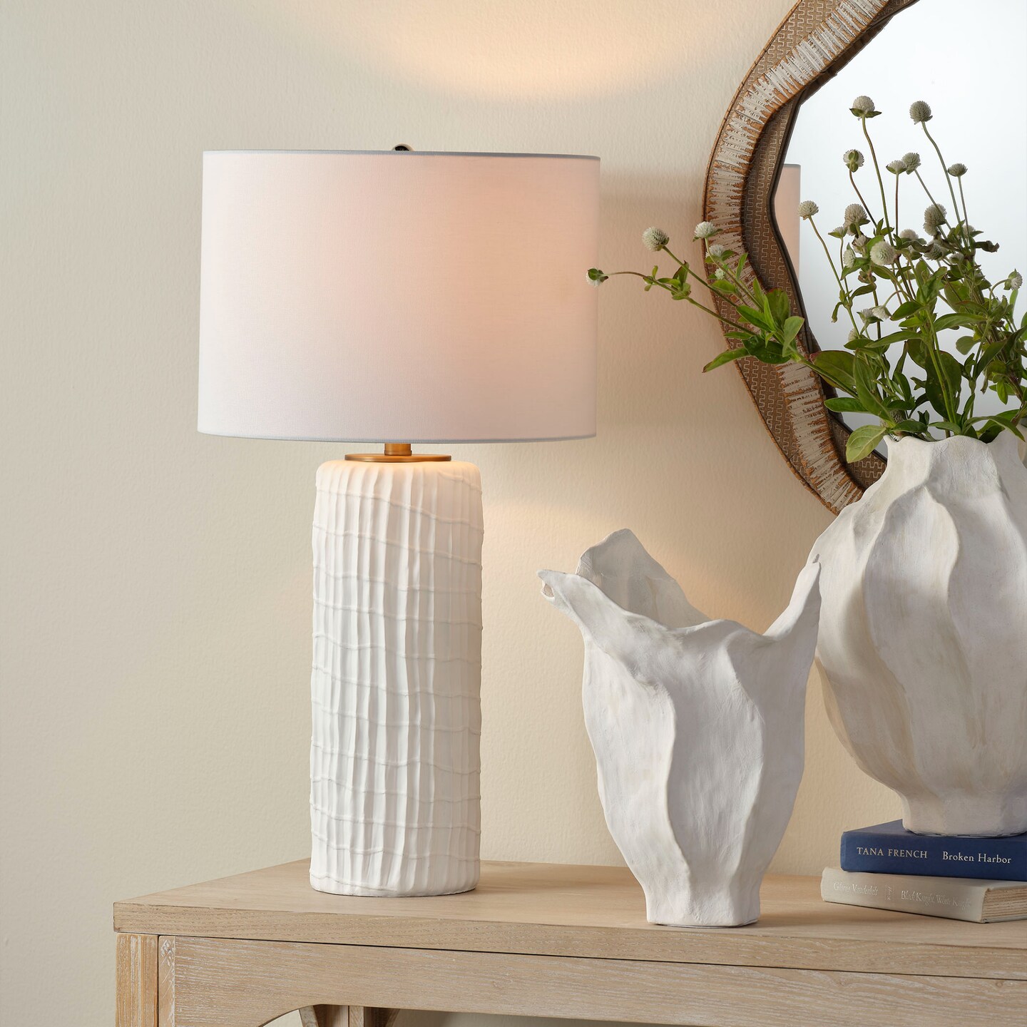Jamie Young Company Abstract Grid Base Table Lamp with Drum Shade - 28&#x22; - White