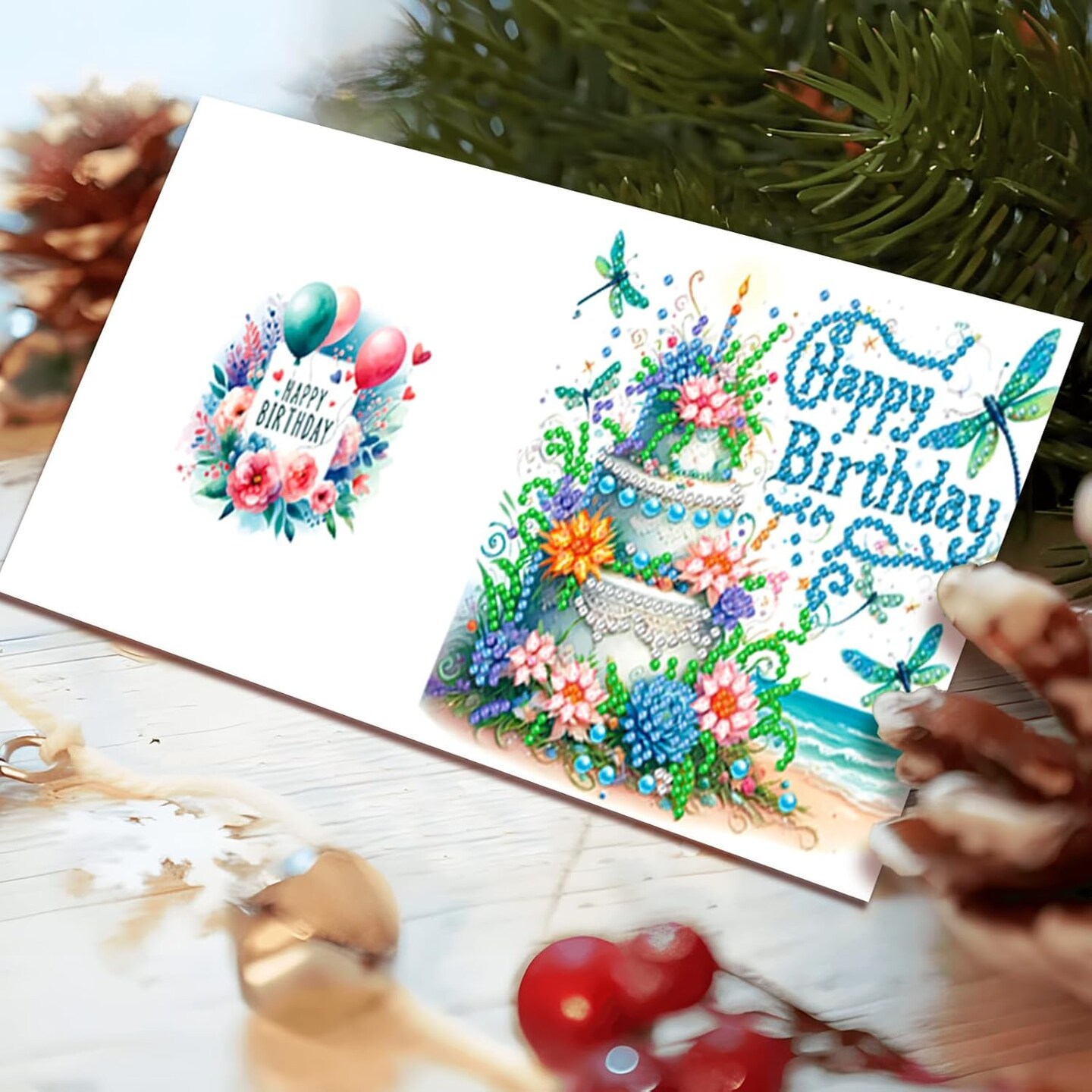 6 Packs Happy Birthday Diamond Painting Greeting Cards with Envelop, Birthday Cake Diamond Art Cards, Flower Bird Butterfly Diamond Greeting Card Arts Kit for Birthday