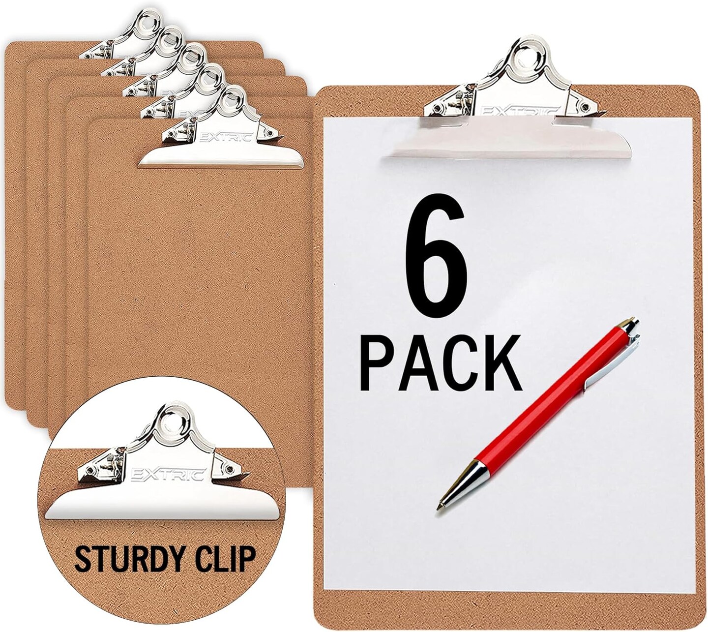 6 Clipboards Standard A4 Letter Size, 9x12.5 inch Wooden Clipboard with 6&#x22; Metal Clip, Hardboard, Ideal for 8.5 x 11 Inch Paper, for Office, School, and Home Use