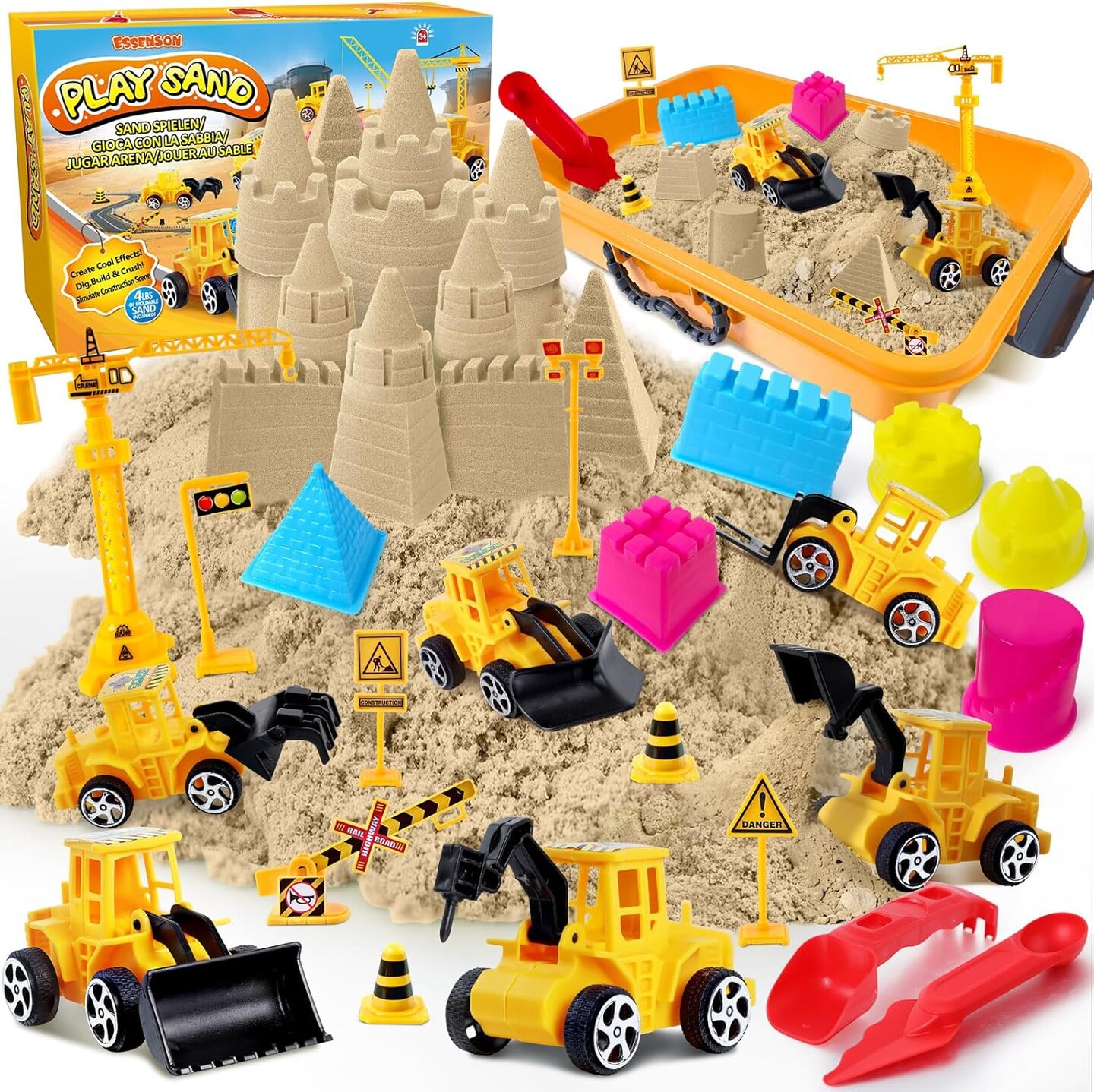 Summer Construction Sensory Bin - Play Sand Kit with Toy Truck and 4lbs Magical Sand, Pretend Play Beach Sensory Toy Sandbox, Kids Gifts for Girls and Boys