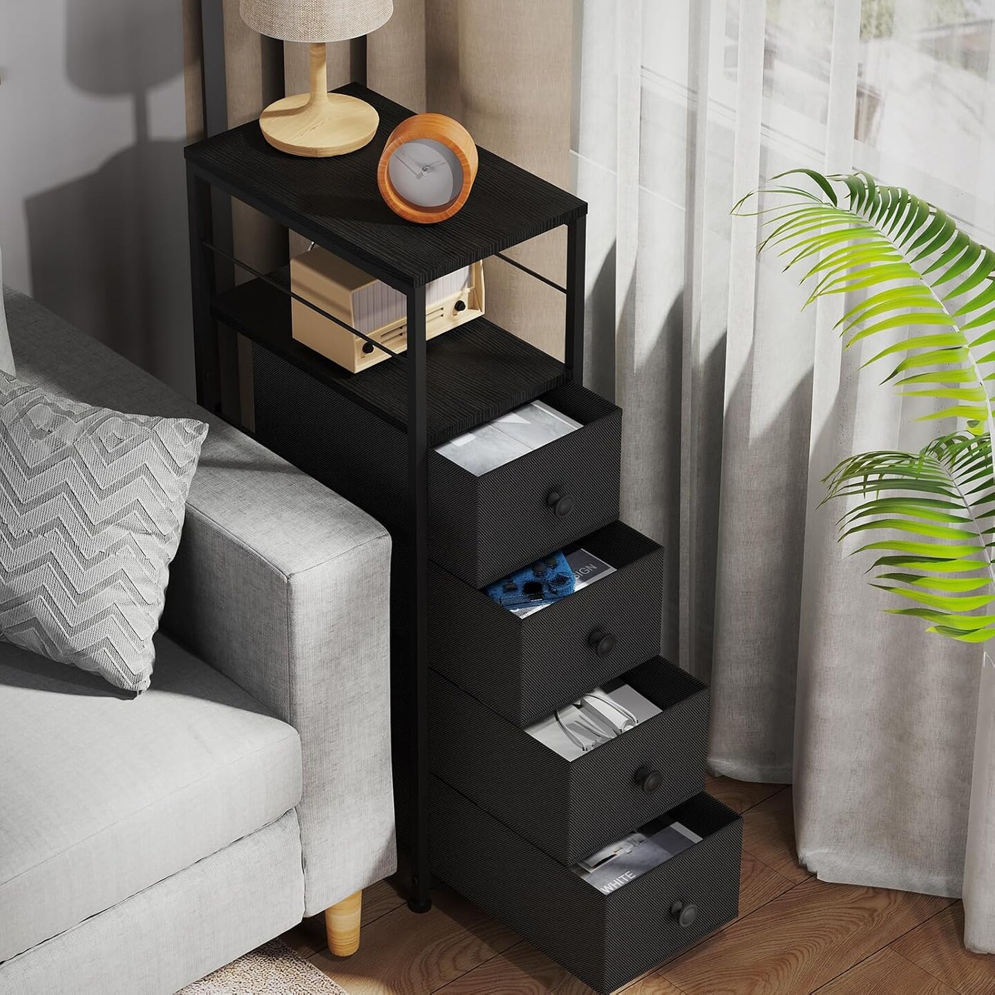 Narrow Dresser for Small Spaces | Black Slim Chest with 4 Fabric Drawers &#x26; Shelves | Anti-Tip Bedside Organizer (34.25&#x22;H x 10.04&#x22;W)