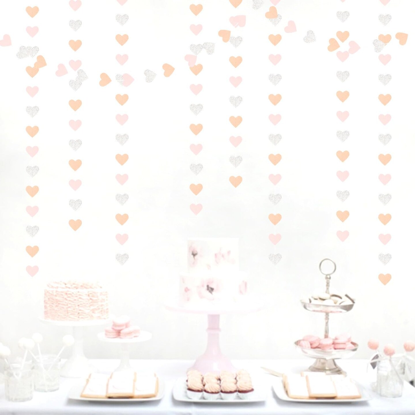 Pink-Silver Peach Birthday Party-Decorations Streamers - 52FT Hanging Heart Garland Banner,Baby Bridal Shower Engagement Anniversary Bachelorette Wedding Backdrop Decor