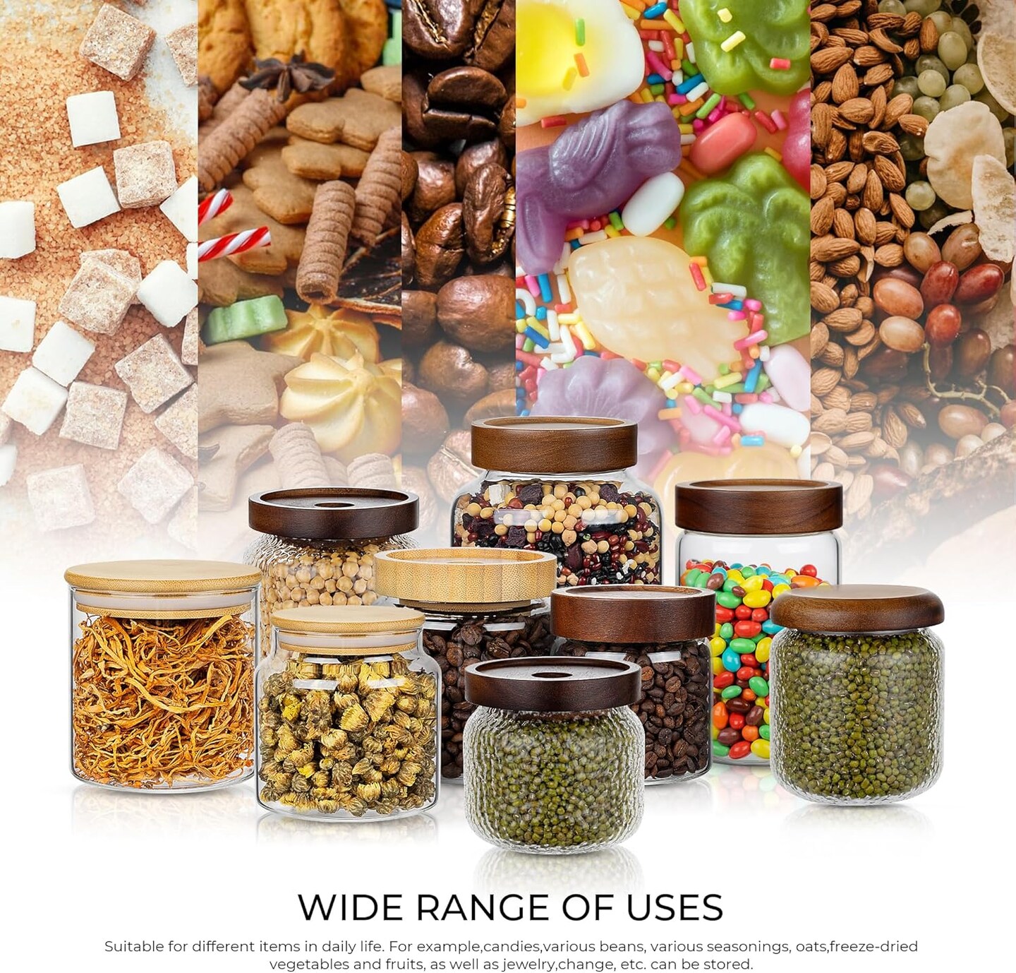 1PC Small Glass Storage Jars with Airtight Lids, 18 fl oz (550ml) Cute Clear Glass Storage container with bamboo Lid, Glass Pantry Canister for Beans, Rice, Sugar, Cookie Coffee and etc