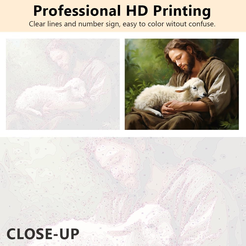 Jesus Paint by Numbers Adult Paint by Number Jesus and Lamb Paint-by-Number Kits DIY Painting Kits On Canvas Religious Spirit Paint by Number for Adults Arts Craft, 16 x20 Inch