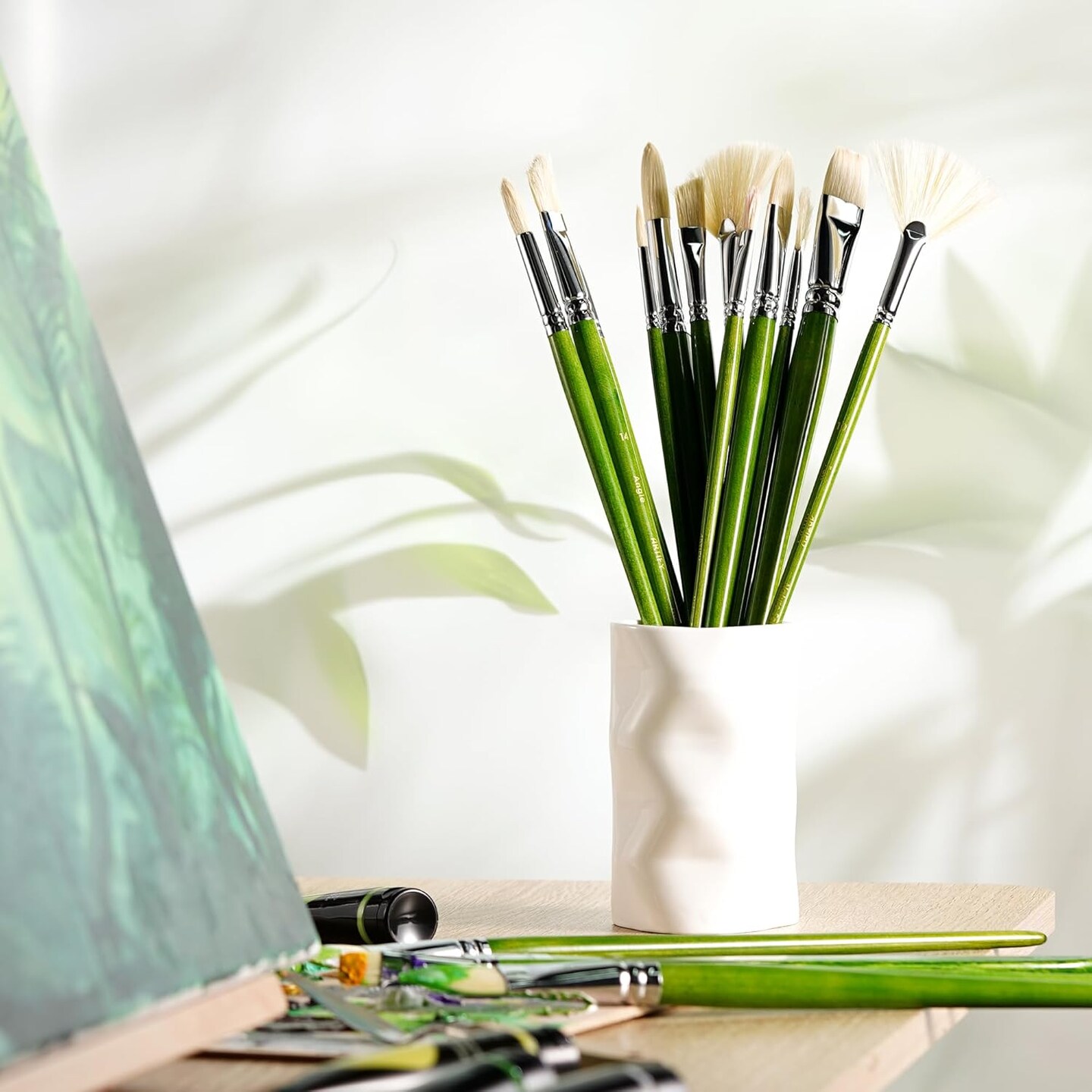 ARTIFY Oil Paint Brushes Set, Acrylic Paint Brushes with Long and Heavy Handle, 15 Pcs Professional Natural Chungking Bristle Paintbrush Set, for Oil and Acrylic Gouache Painting, Green