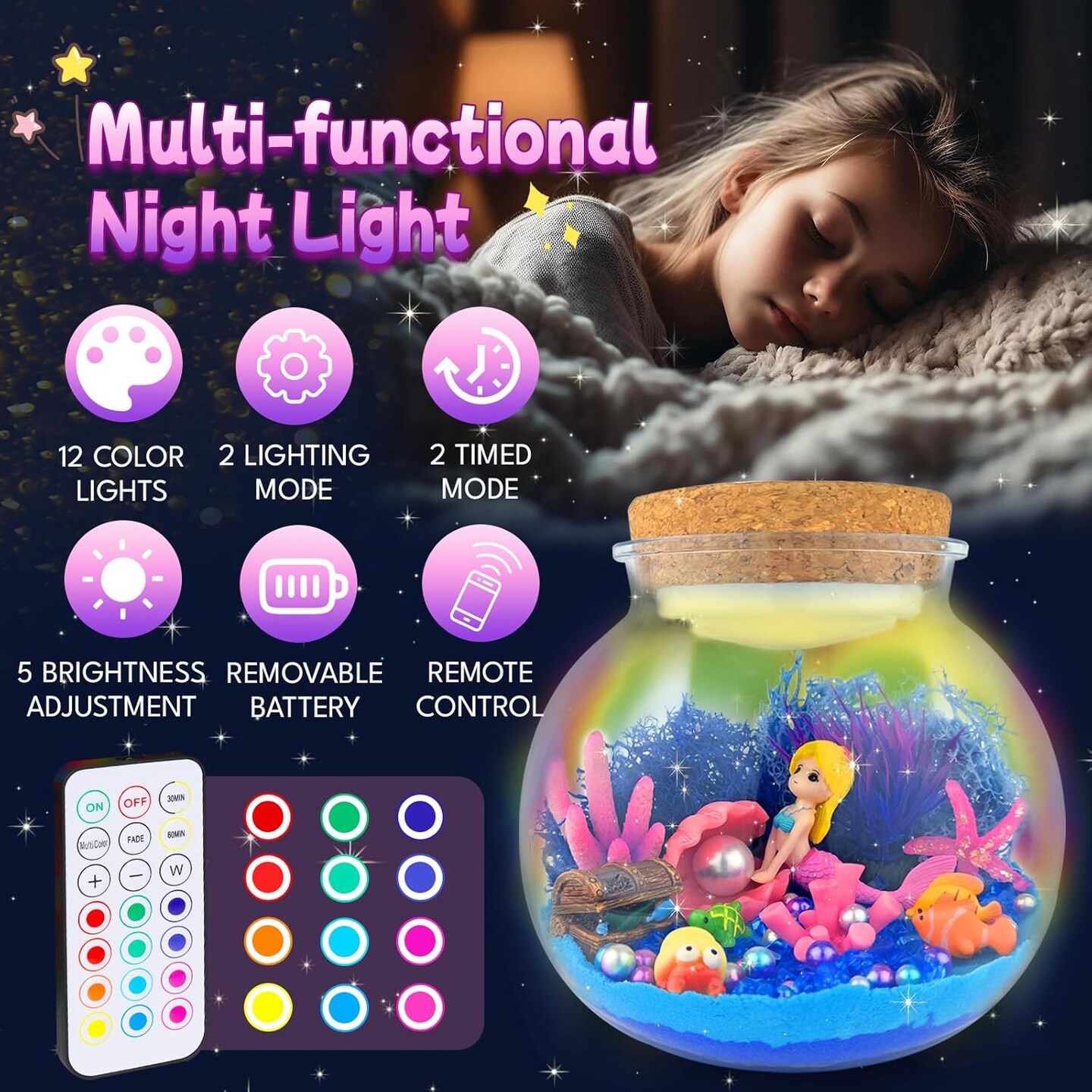 Mermaid Terrarium Kids&#x27; Summer Art &#x26; Craft Kits - LED Night Light Up &#x26; Remote Mermaid Birthday Gifts Toys for Girls Age 5 6 7 8 9 10 11 12 Year Old