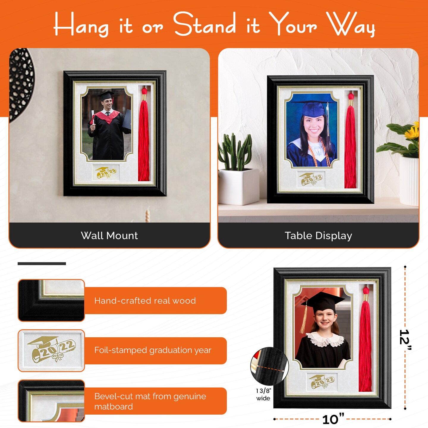 iFrame Graduation Photo &#x26; Tassel Frame I 5x7 Picture Frame I Customizable Grade Class Year | Real Wood Cherry, Black and Walnut Finish I Wall Mount &#x26; Tabletop Graduation Frame | Made in USA