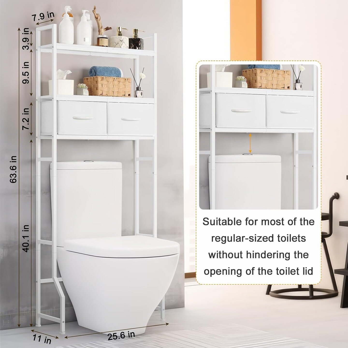 3-Tier Over-The-Toilet Storage Cabinet with Fabric Drawers &#x2013; Freestanding Bathroom Organizer with 4 Hooks &#x26; Toilet Paper Holder, White Space-Saving Shelf