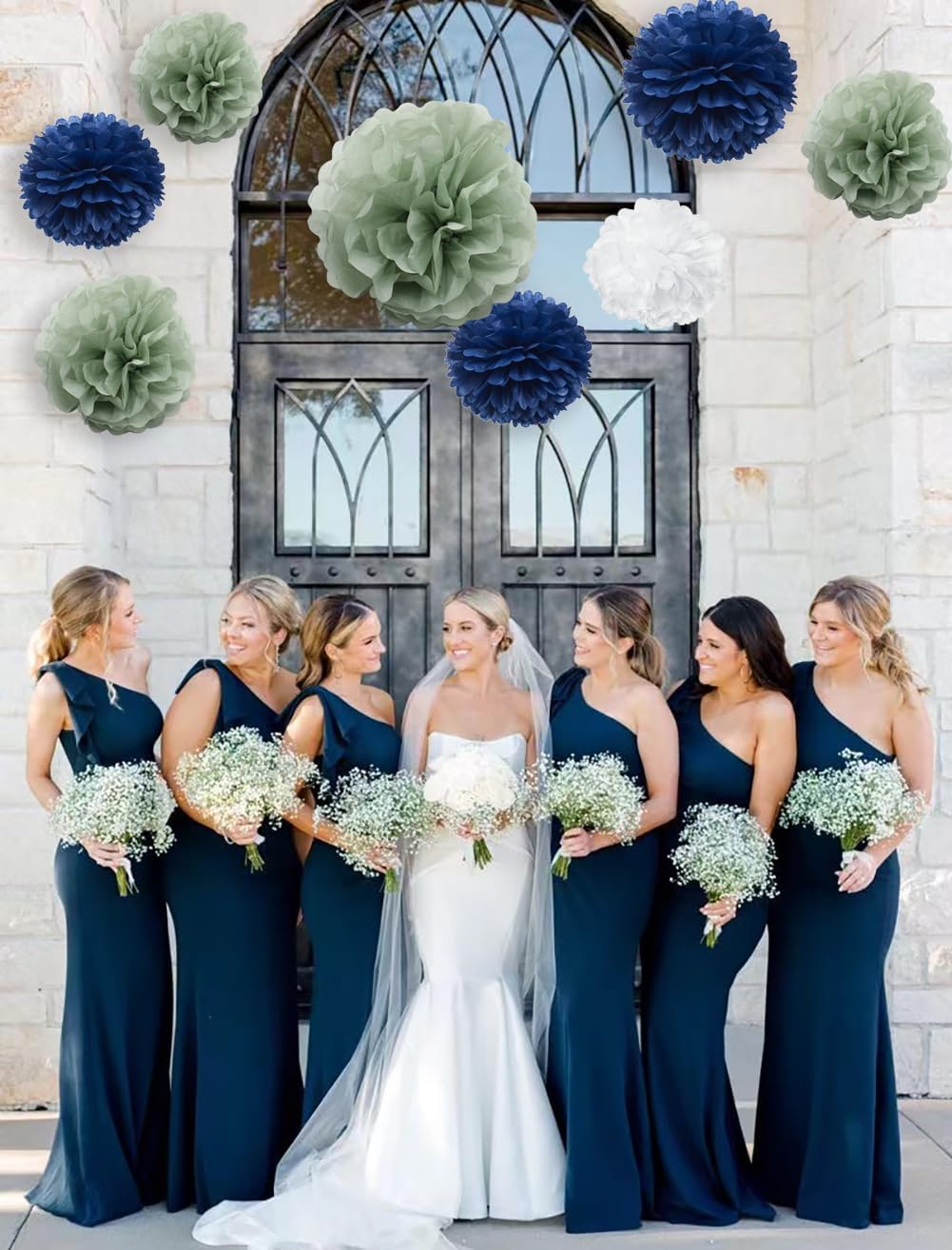 Navy Blue Sage Green Living Room Wall Decor - Hanging Tissue Pom Poms Paper Flowers Backdrop Boho Boy Baby Shower Nursery Bedroom Wedding Bridal Shower Party Décor, 9PCS