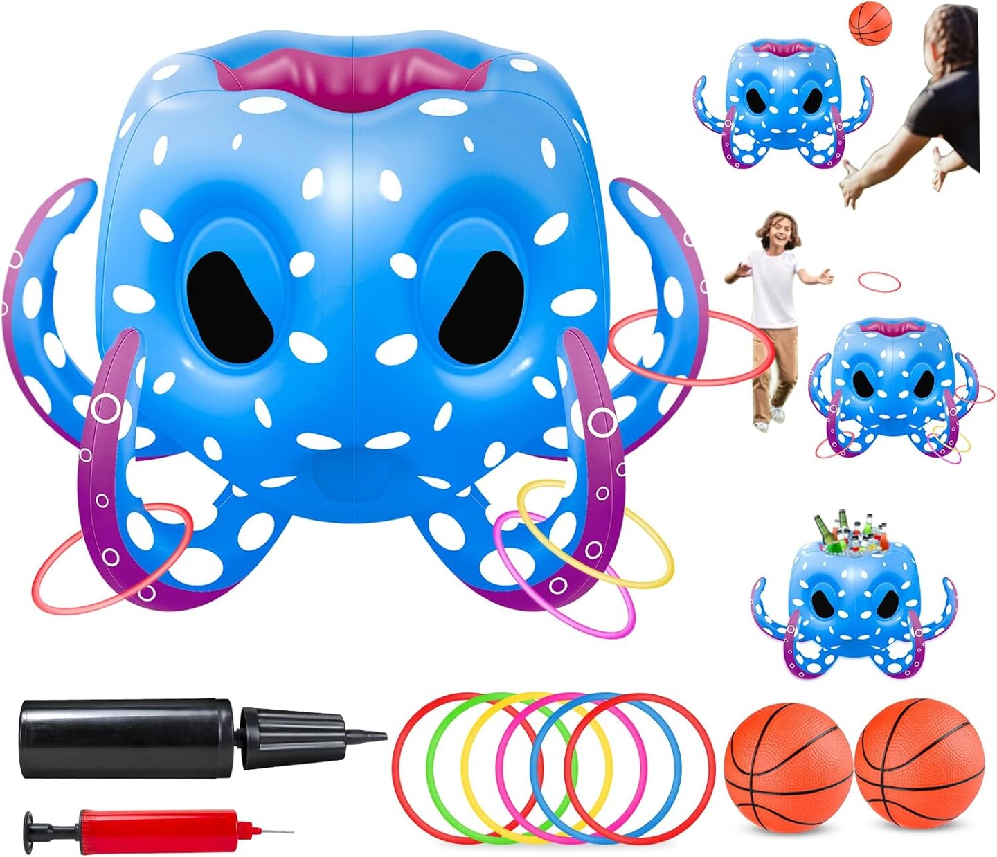 Summer Pool Toys Octopus Set with Basketball Hoop, Water Toys-Ring Toss Game, Pool Inflatable Float for Kids Boys, Girls, Adults, Indoor Outdoor Summer Beach Pool Party Gifts