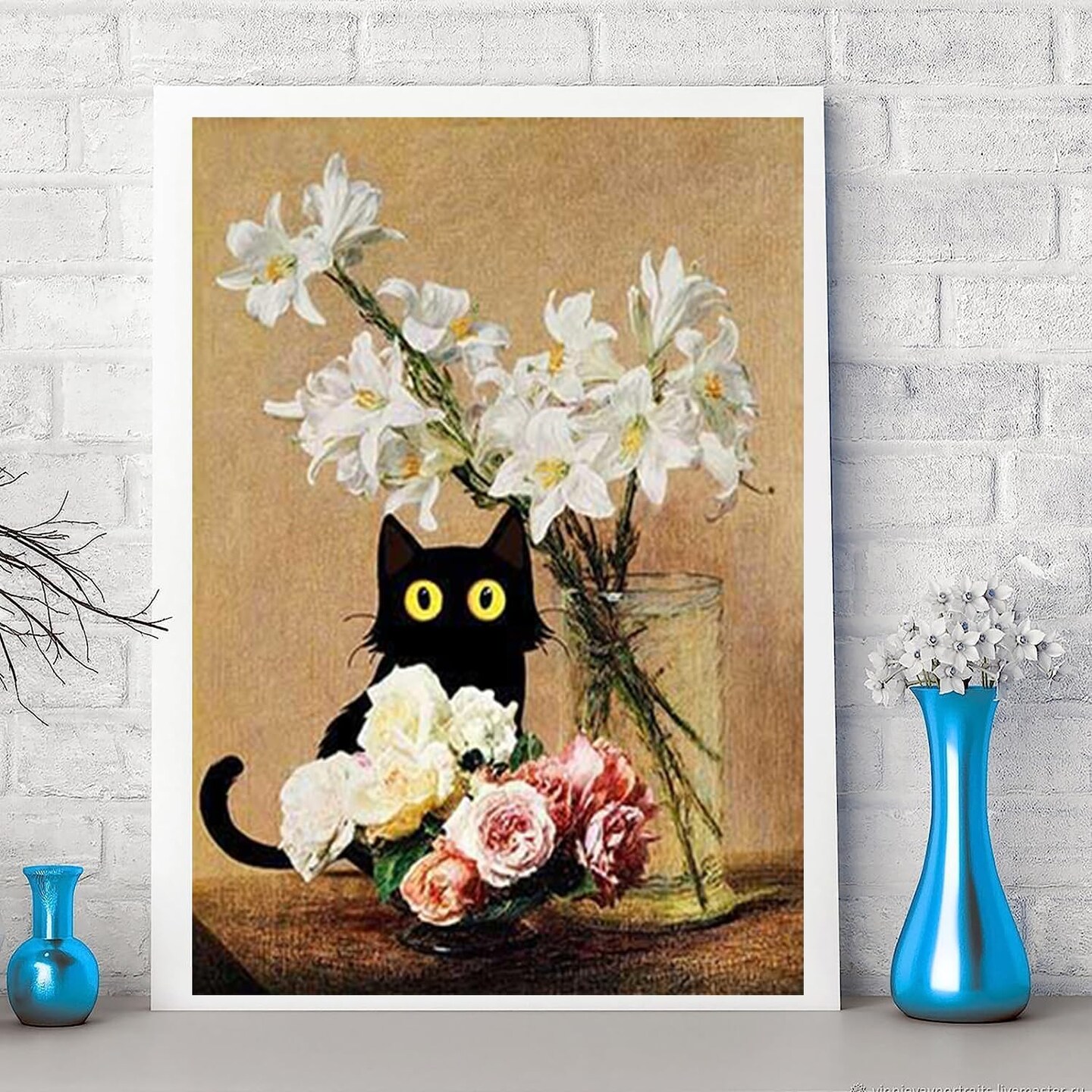 Diamond Painting for Adults and Beginners - 6pcs, 5D Round Diamond Digital Painting Kit, DIY Black Cat Diamond Art Painting, Matisse Van Gogh Living Room Bedroom Decoration (11.8x15.7 inches)