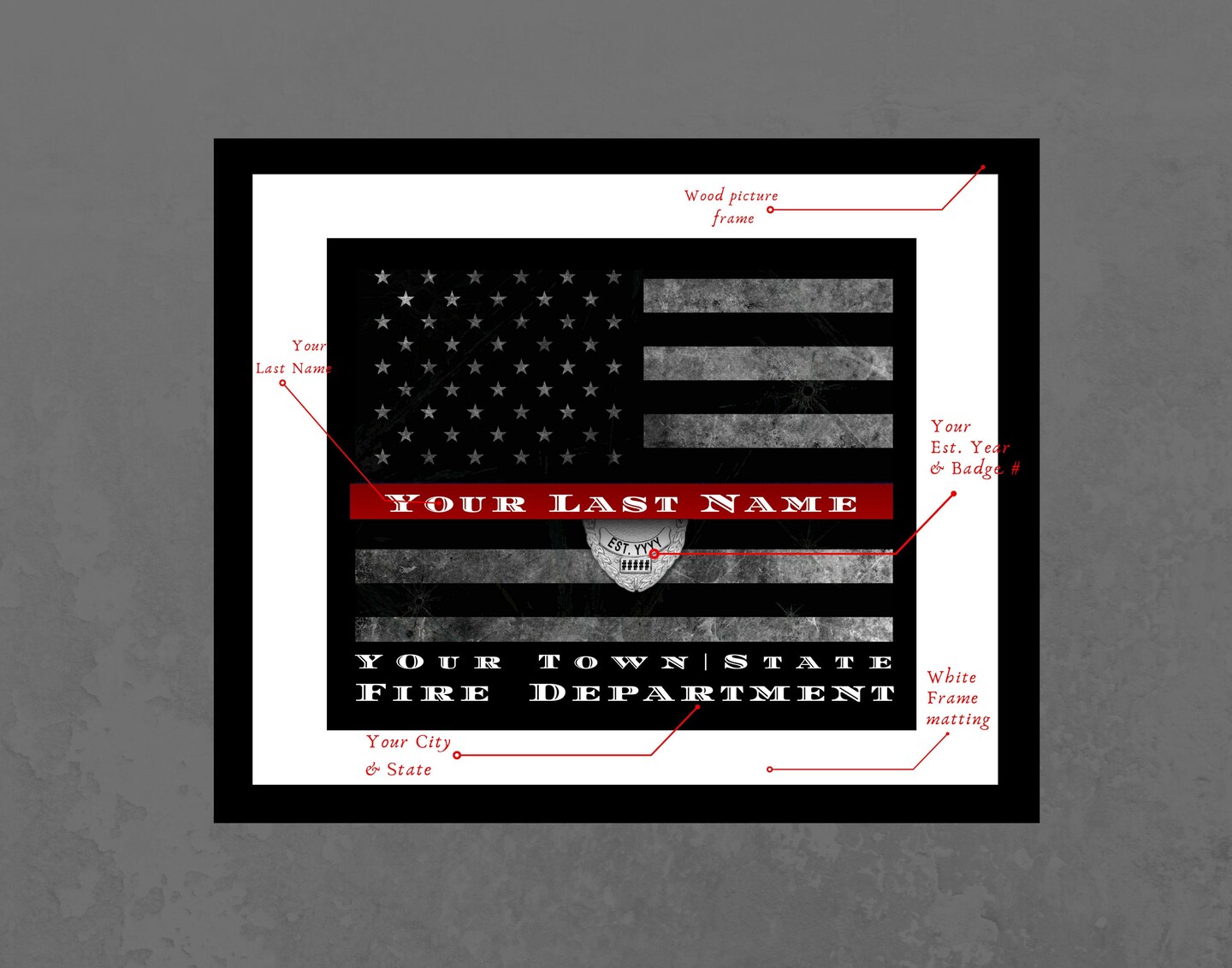 Thin red line flag framed Firefighter Wall art decor