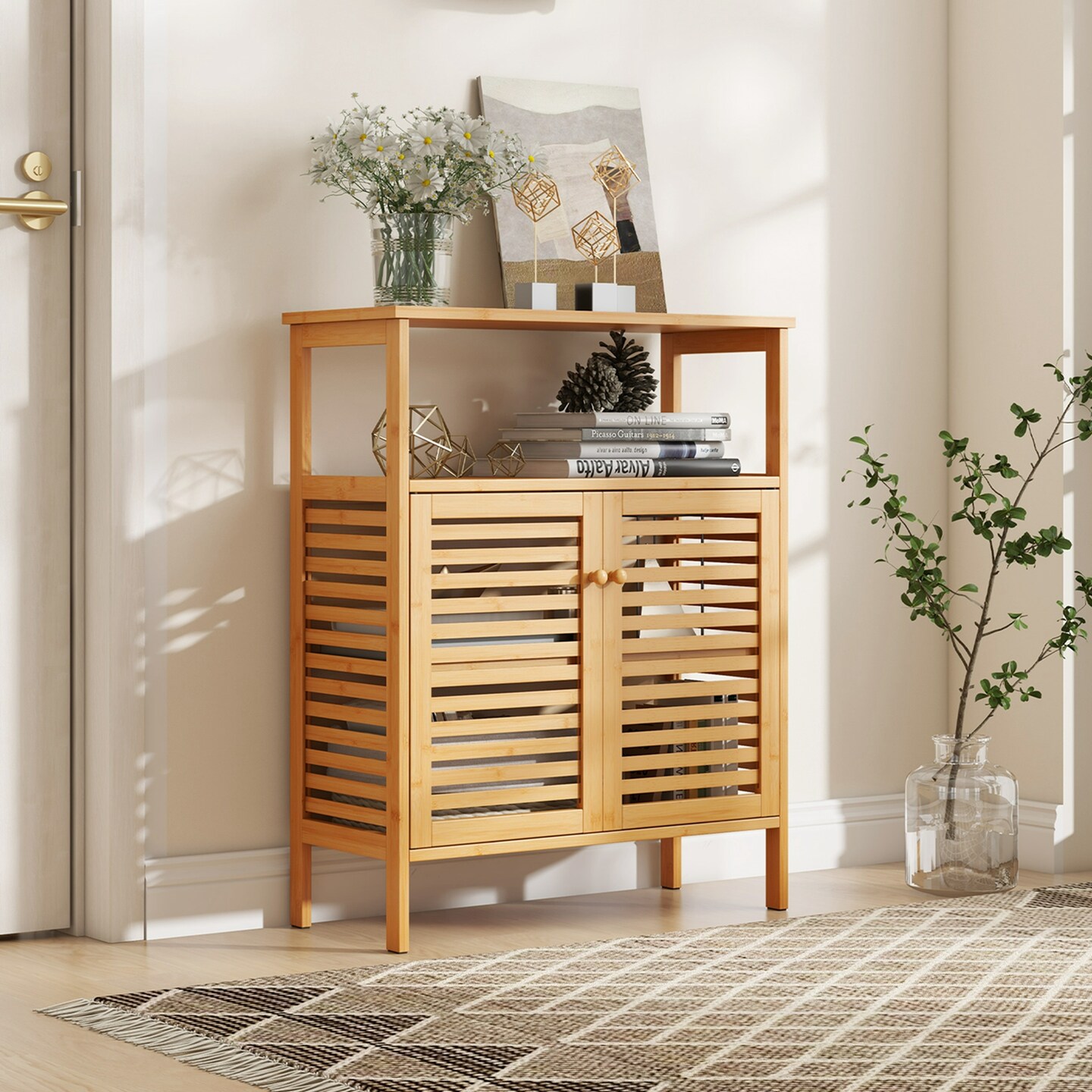 Costway Bamboo Storage Cabinet with Double Louvered Doors Open Shelf & Removable Shelf