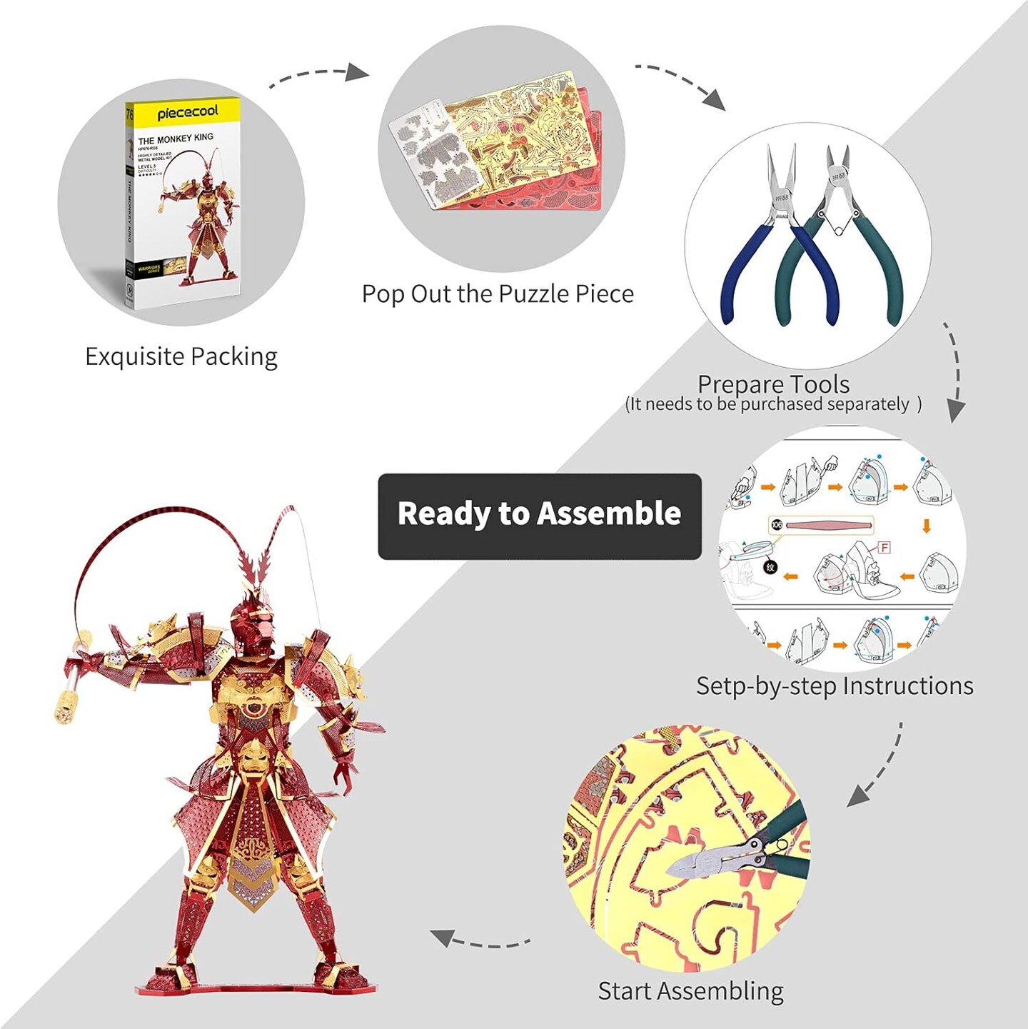 Piececool 3D Metal Puzzles Wukong Figure Model Kits, The Monkey King Models Building Kit for Kids, Brain Teaser DIY 3D Metal Model Kits for Kids Students, 166 Pcs