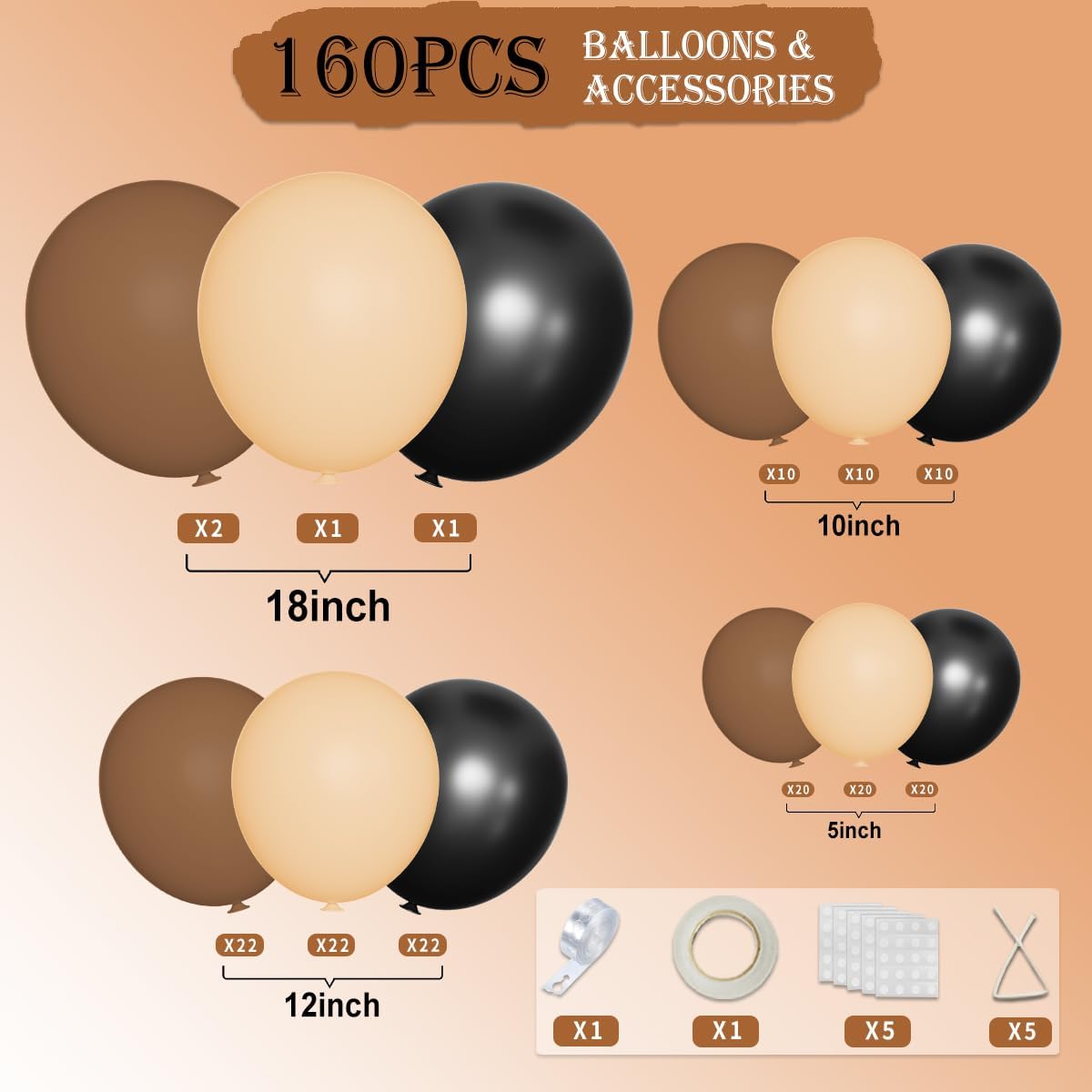 160PCS Brown, Black & Nude Balloon Garland Kit – Latex Balloons for Party & Wedding Decorations