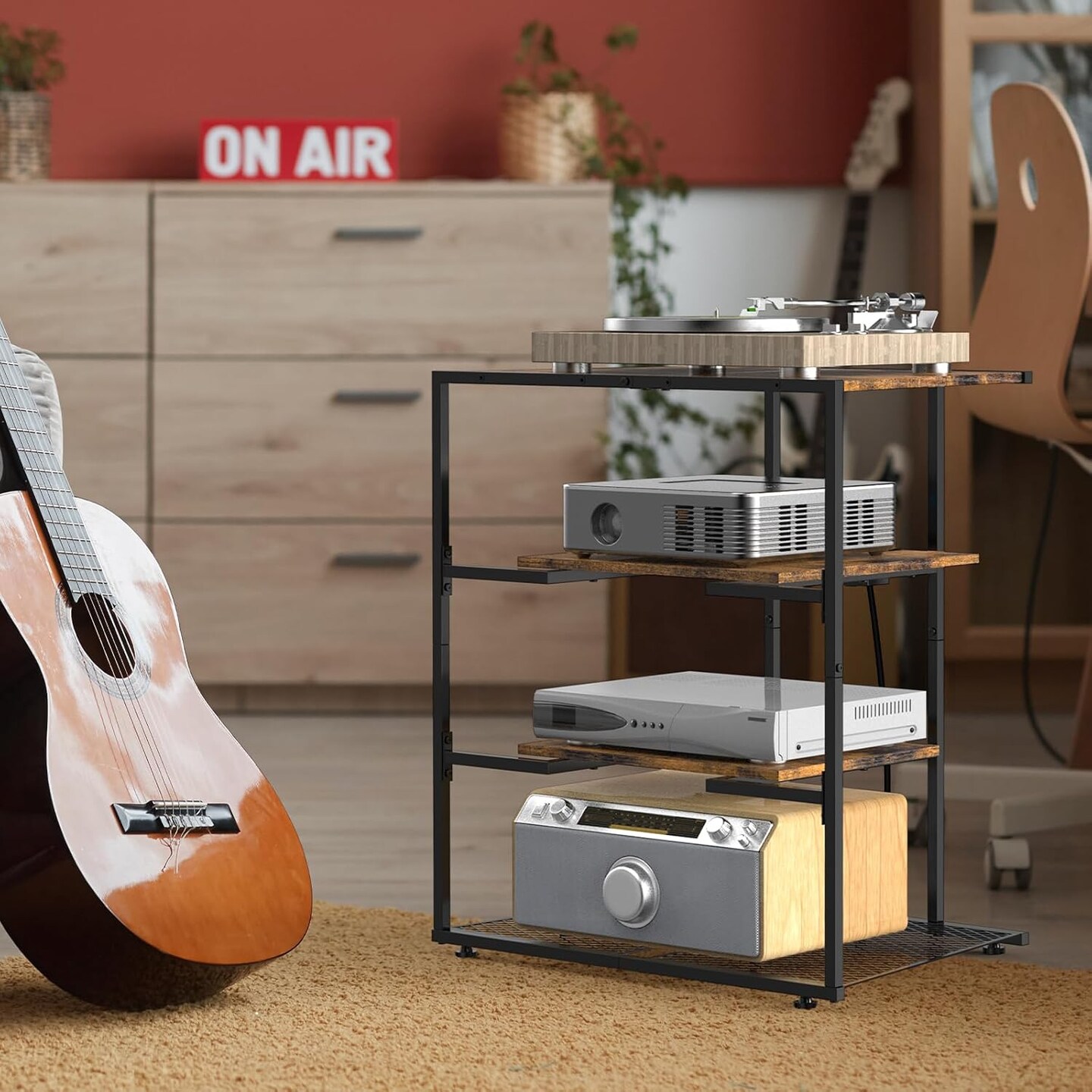 4-Tier Brown AV Media Stand with Charging Station - Corner Stereo Cabinet for Record Players, Game Consoles, TVs (24.4&#x22;W/62cm x 27.6&#x22;H/70cm)