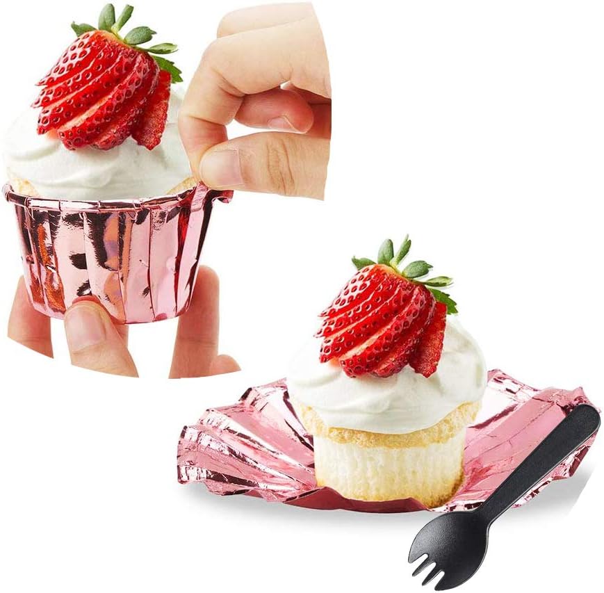 100 Rose Gold 3.5oz Mini Cupcake Liners with Dome Lids & Spoons – Disposable Foil Muffin Cups for Bakery, Wedding & Party