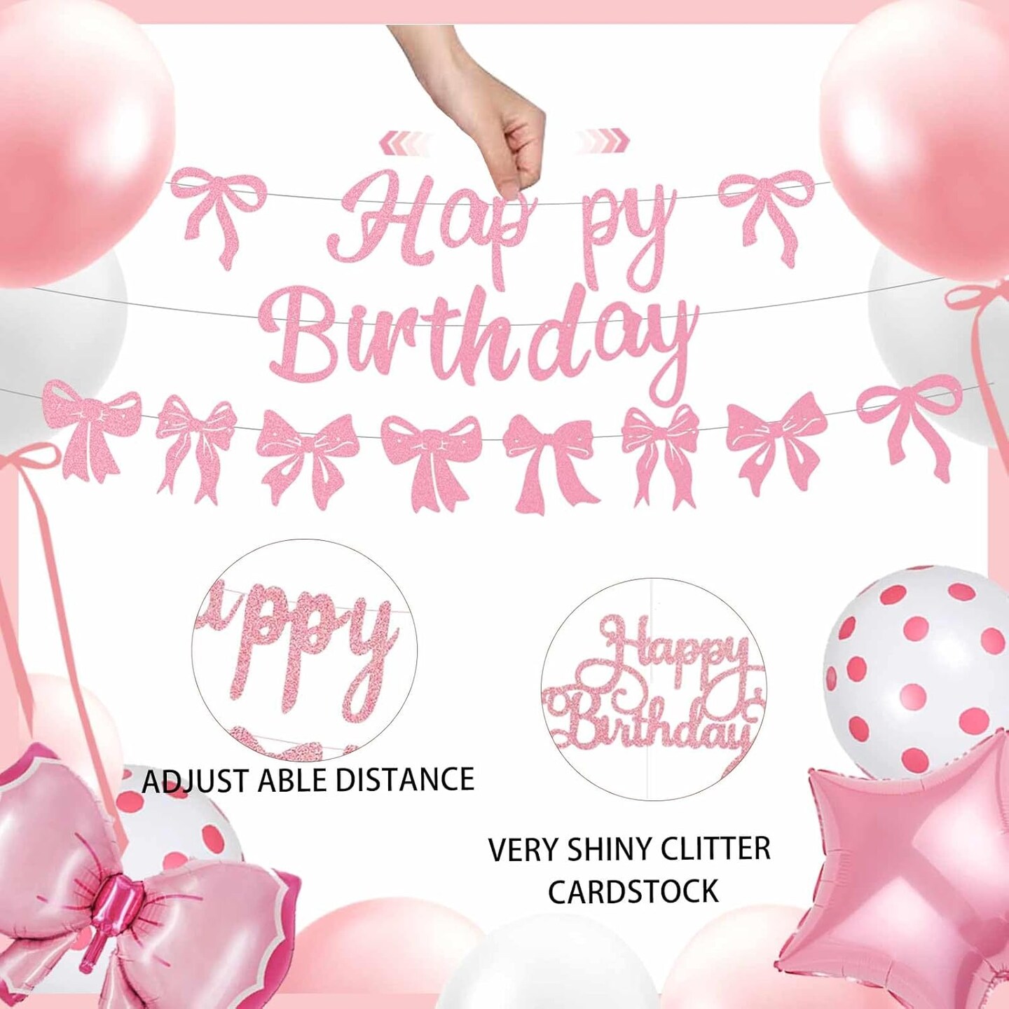 Pink Bow Party Decorations, 47 Pcs Coquette Birthday Party Decorations, Pre-Strung Happy Birthday Banner Bow Garland for Girls Birthday Baby Shower Bridal Shower Bachelorette Party Decor