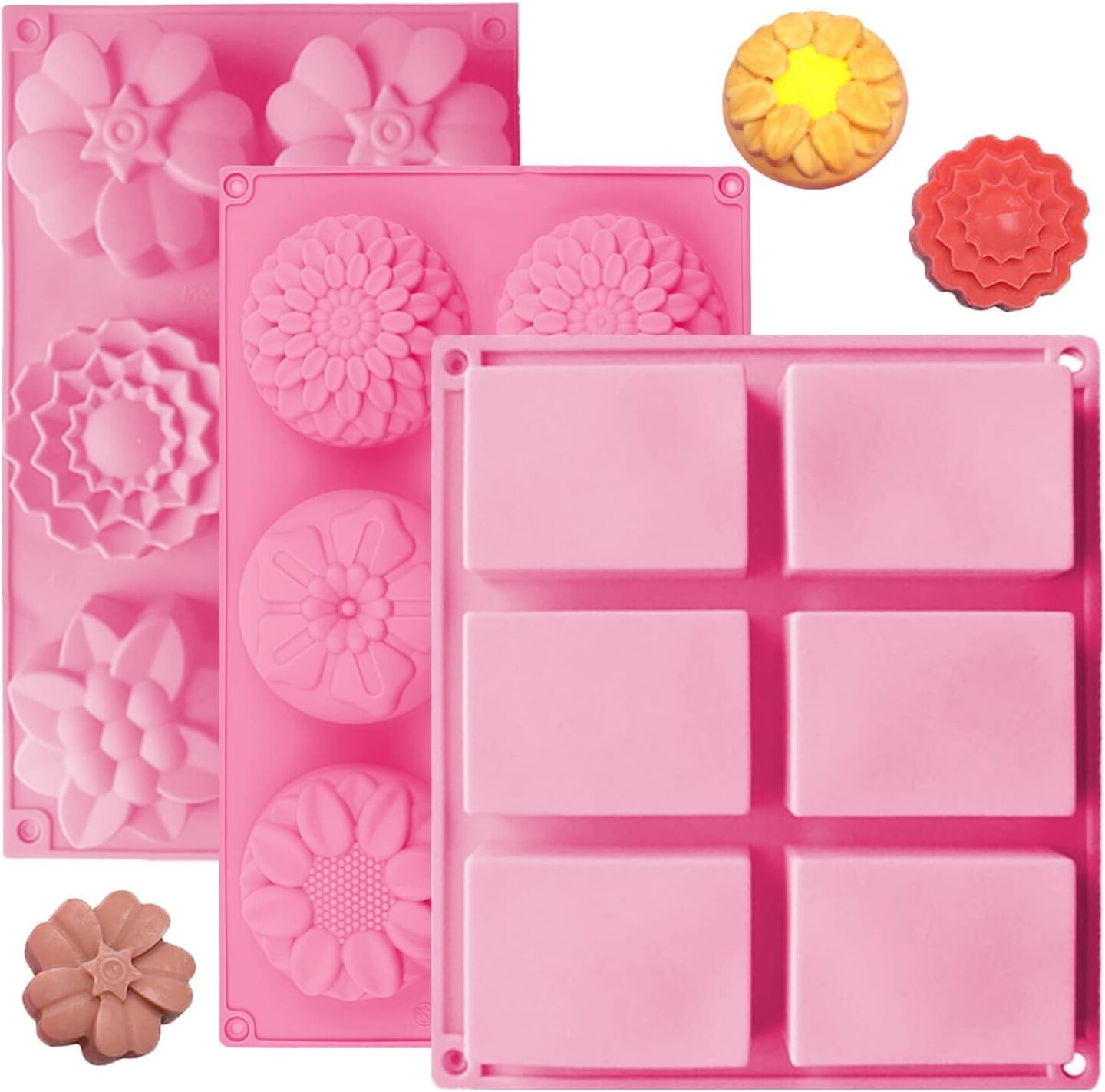 3 Pack Silicone Soap Molds, 6 Cavities Flower Making Mold, Included Rectangle Shape Supplies, Perfect for Handmade Soaps
