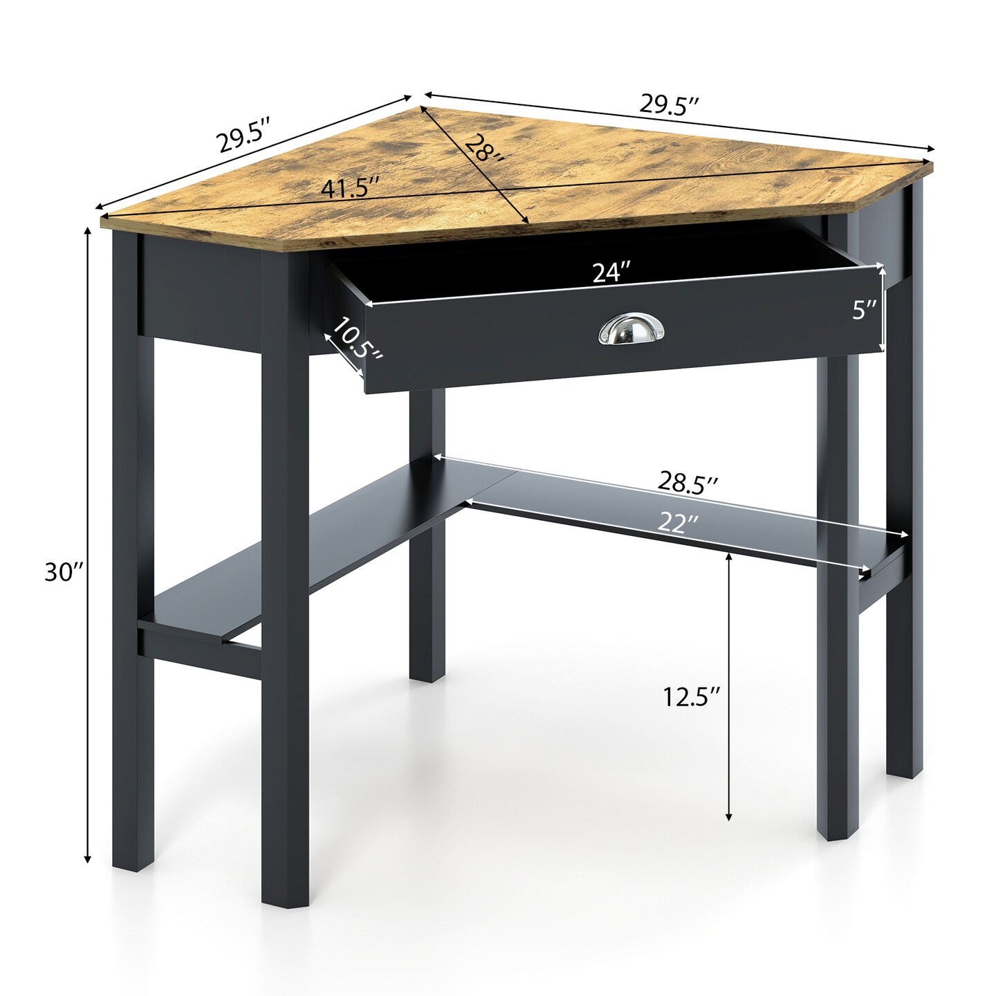 Wooden Corner Computer Desk with Big Storage Drawer and Two Open Shelves