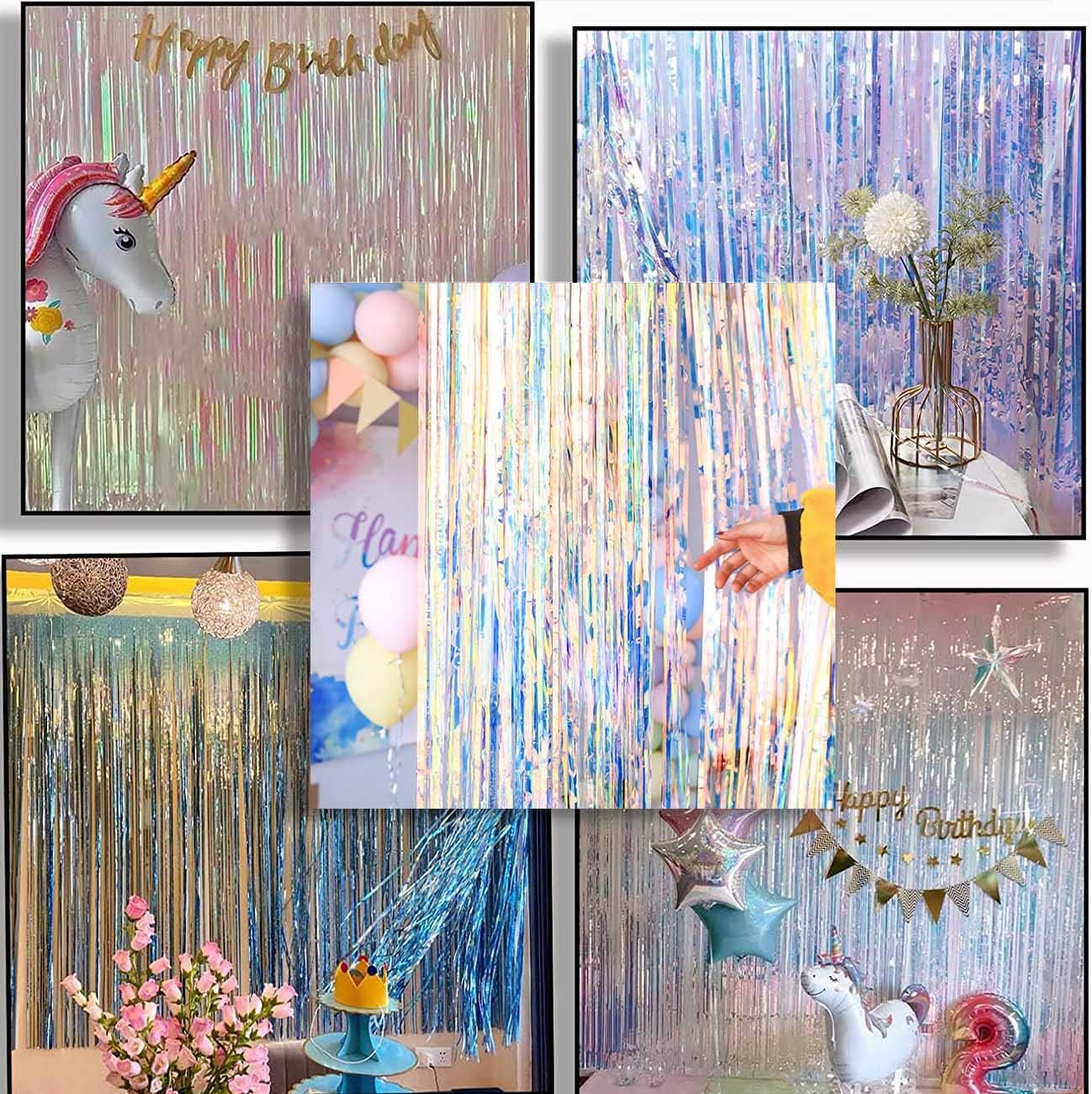 2 Pack Neon Clear Foil Tinsel Curtain(3.2ftx 8.2ft),Iridescent Glitter Metallic Fringe Curtain for Rainbow Party Decorations Backdrop